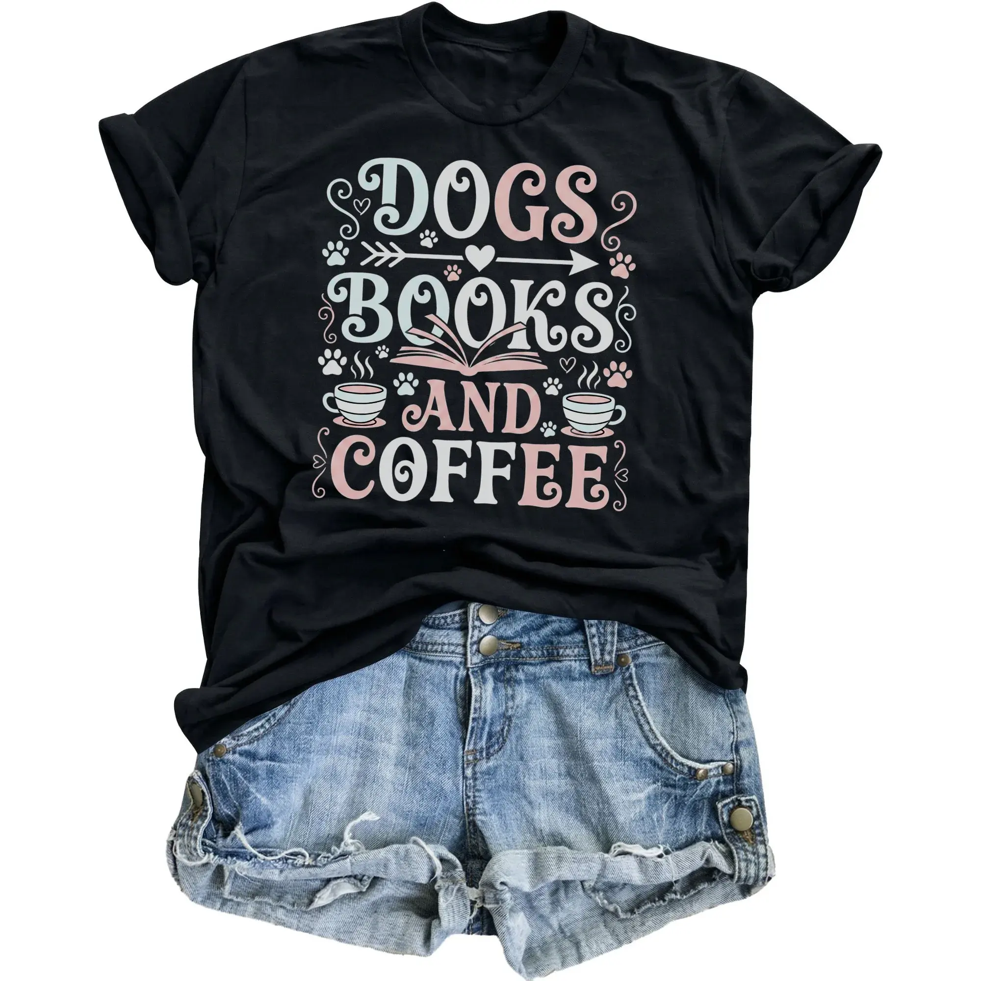 Graphic Tee Dogs Books and Coffee Unisex Crew Neck Shirt Casual Soft Cotton Blend Everyday Printed Top