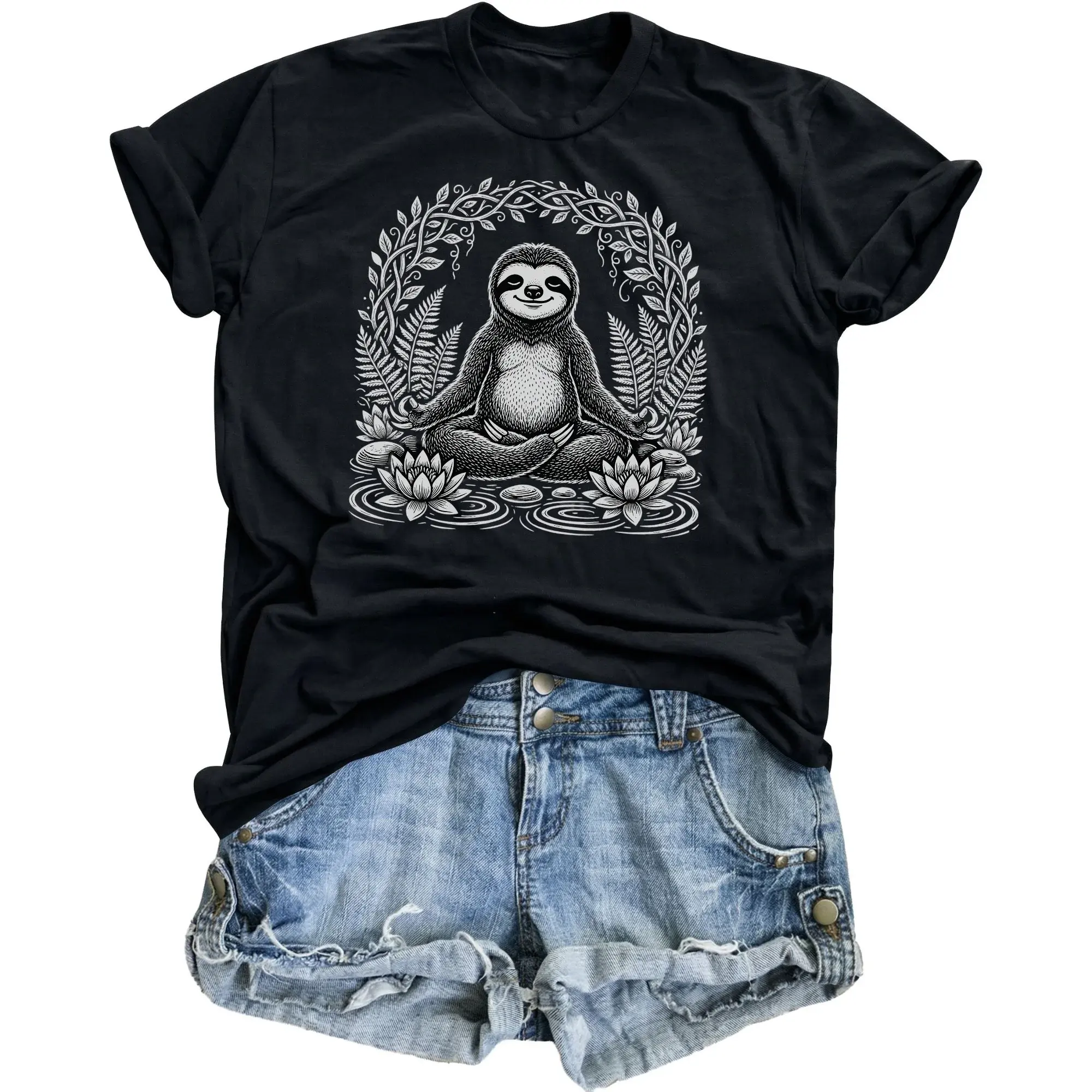 Graphic Tee Unisex Sloth Meditation Zen Design Black Casual Crew Neck Short Sleeve Cotton Blend Comfortable Shirt
