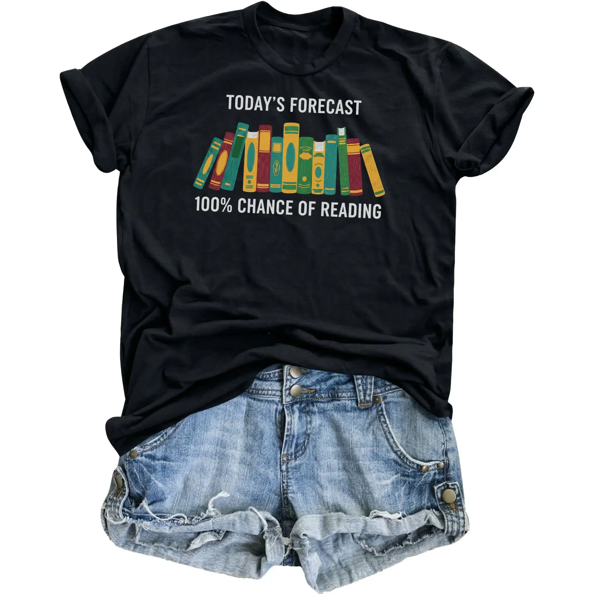 Funny Graphic Tee Today's Forecast 100 Chance of Reading Book Lover Unisex Crew Neck Short Sleeve Casual Shirt