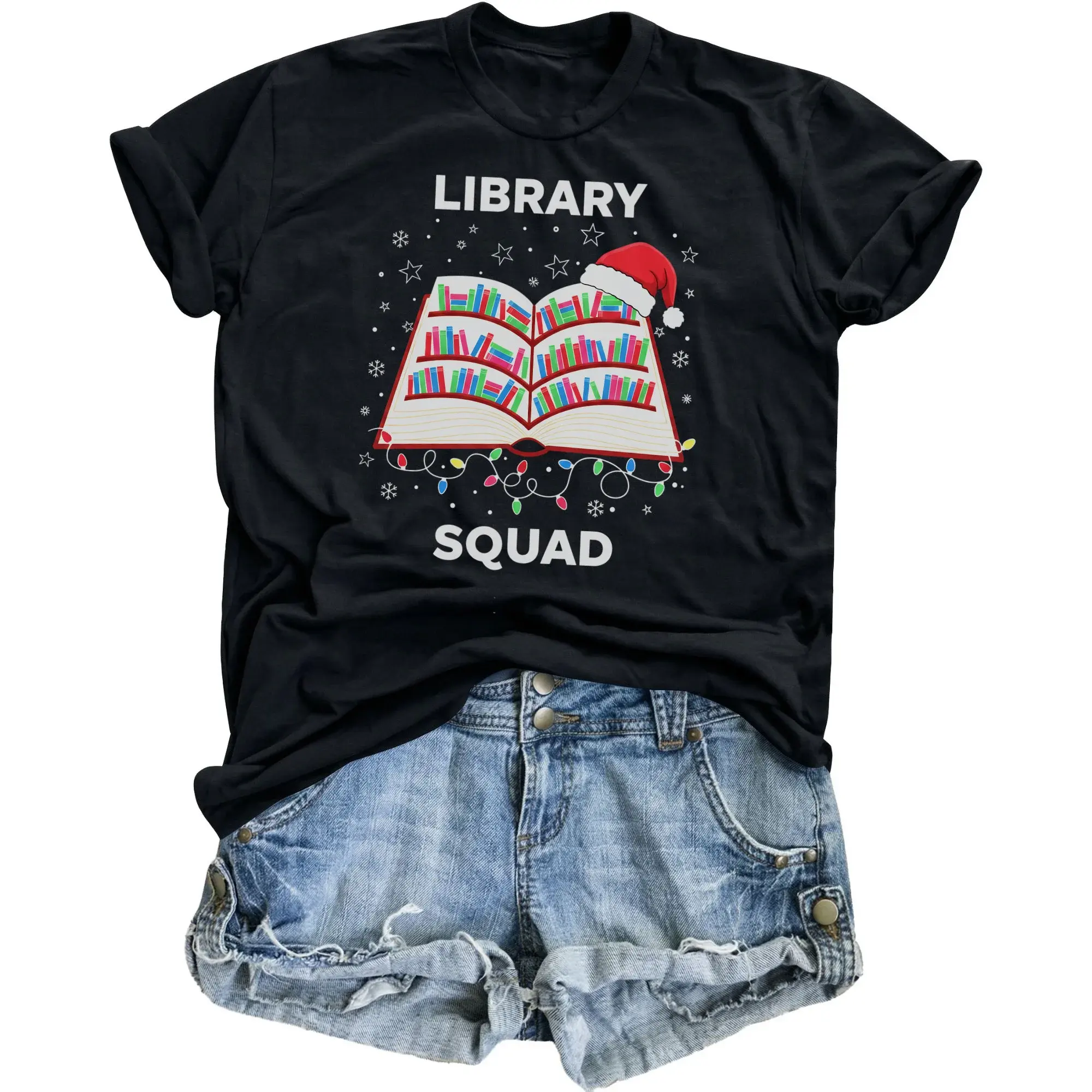 Library Squad Graphic Tee Holiday Reading Book Lover Unisex Crew Neck T-Shirt for Casual Everyday Outfit and Gift