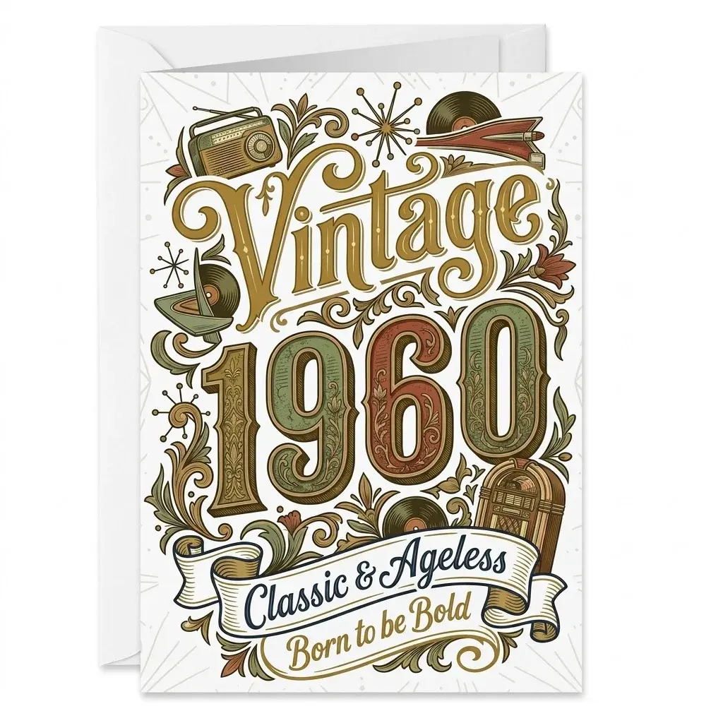 Birthday Card Vintage 1960 Retro Style Printed Greeting Card with Envelope for Adults Milestone Celebrations 5x7 Inches