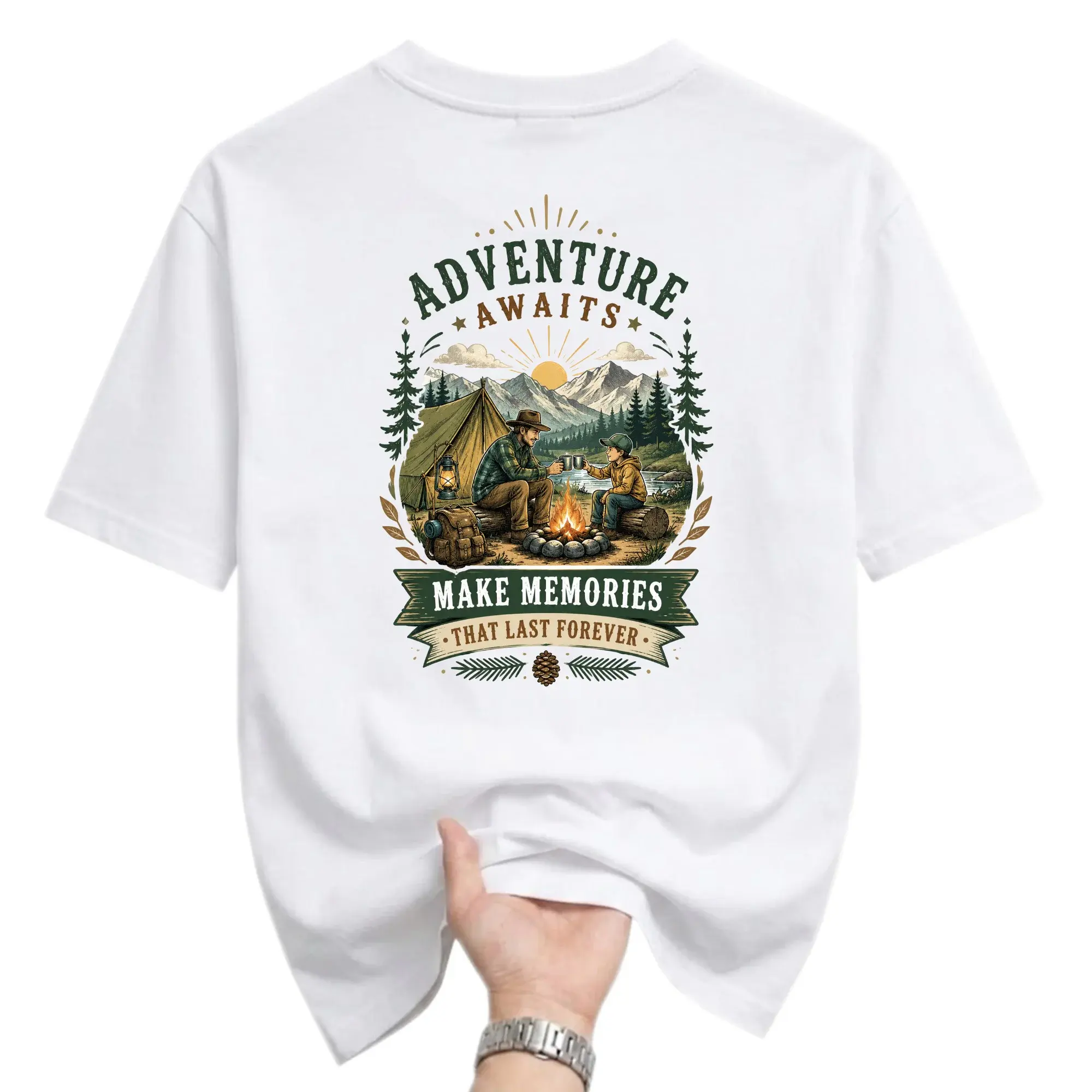 Graphic Tee Adventure Awaits Camping Motif Unisex Crew Neck Short Sleeve Shirt Outdoor Lifestyle Apparel