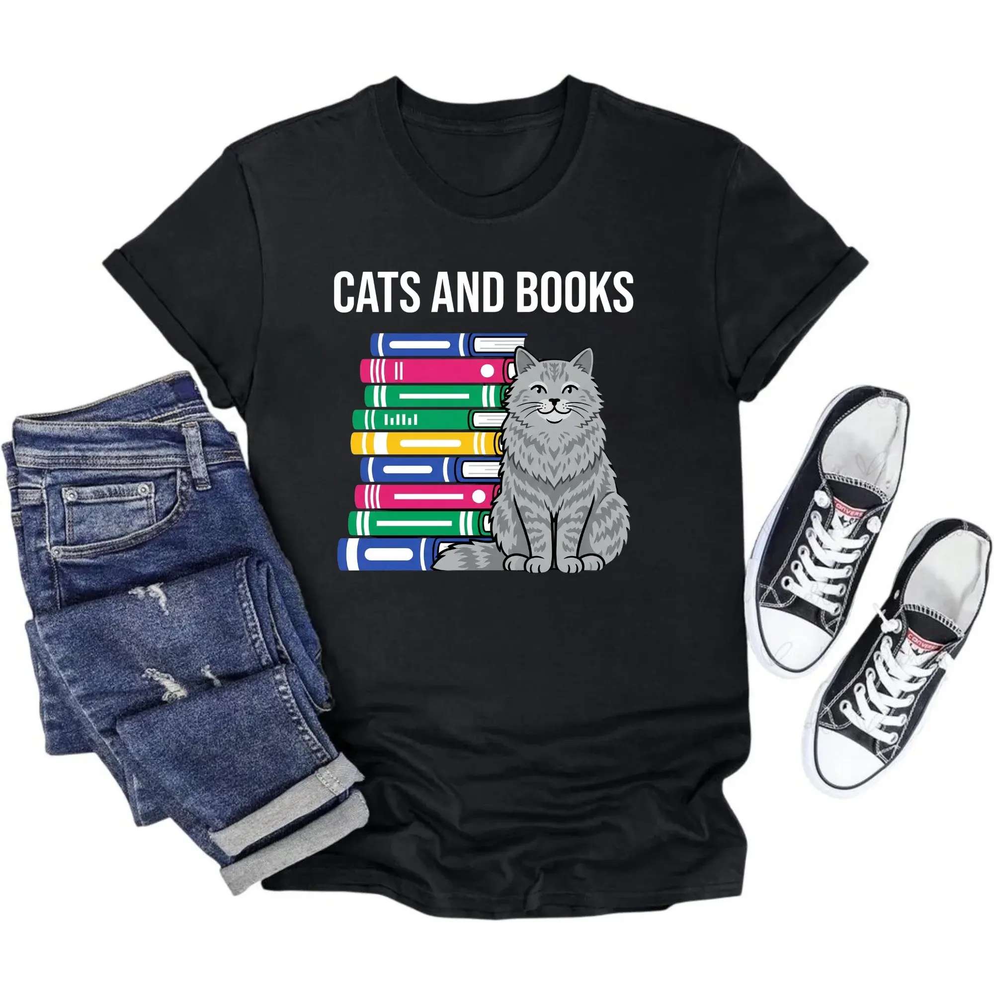 Graphic Tee Cats and Books Unisex T-Shirt Funny Novelty Apparel for Readers Animal Lovers Crew Neck Top