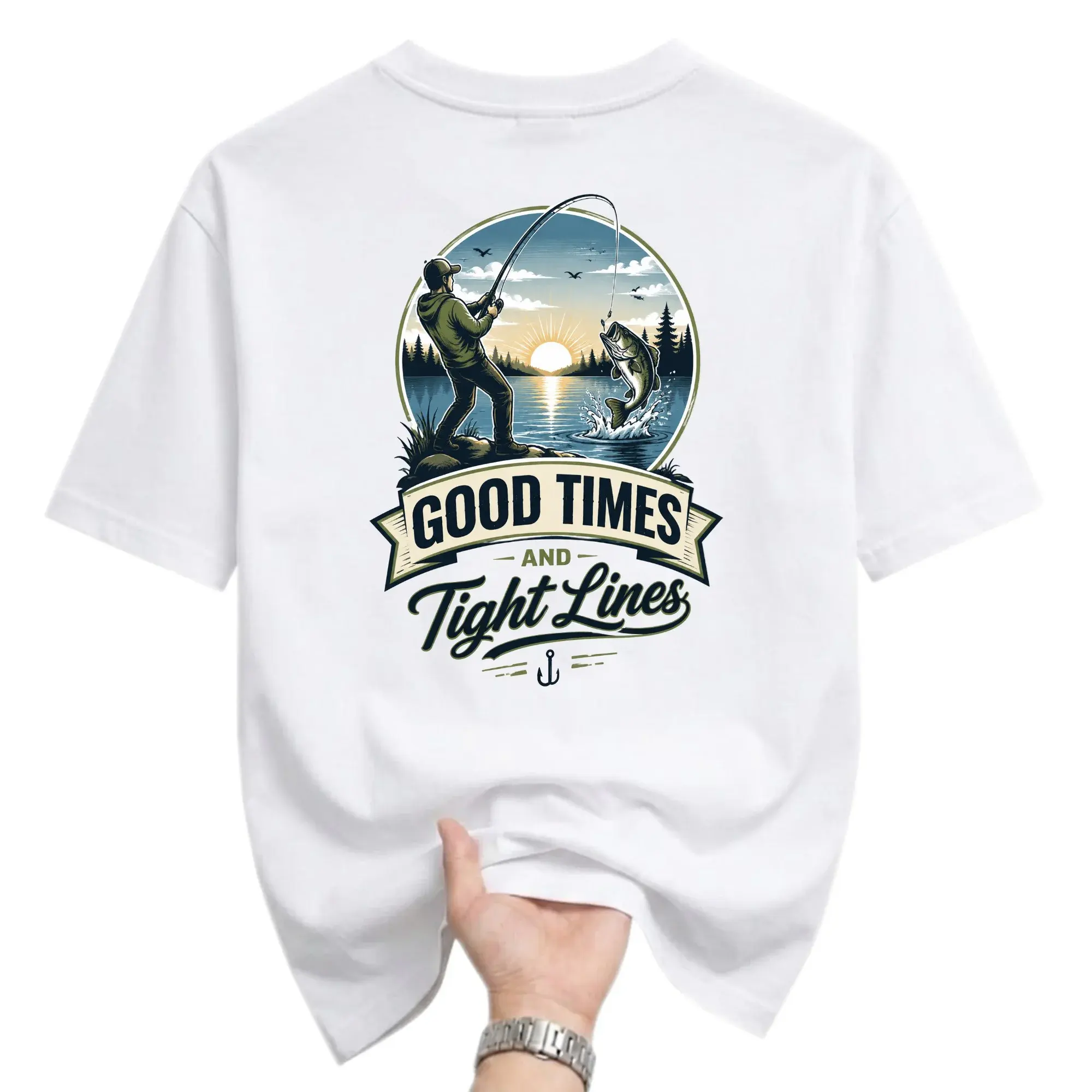 Graphic Tee Good Times and Fishing Shirt Unisex Crew Neck Apparel for Outdoor Enthusiasts Casual Wear