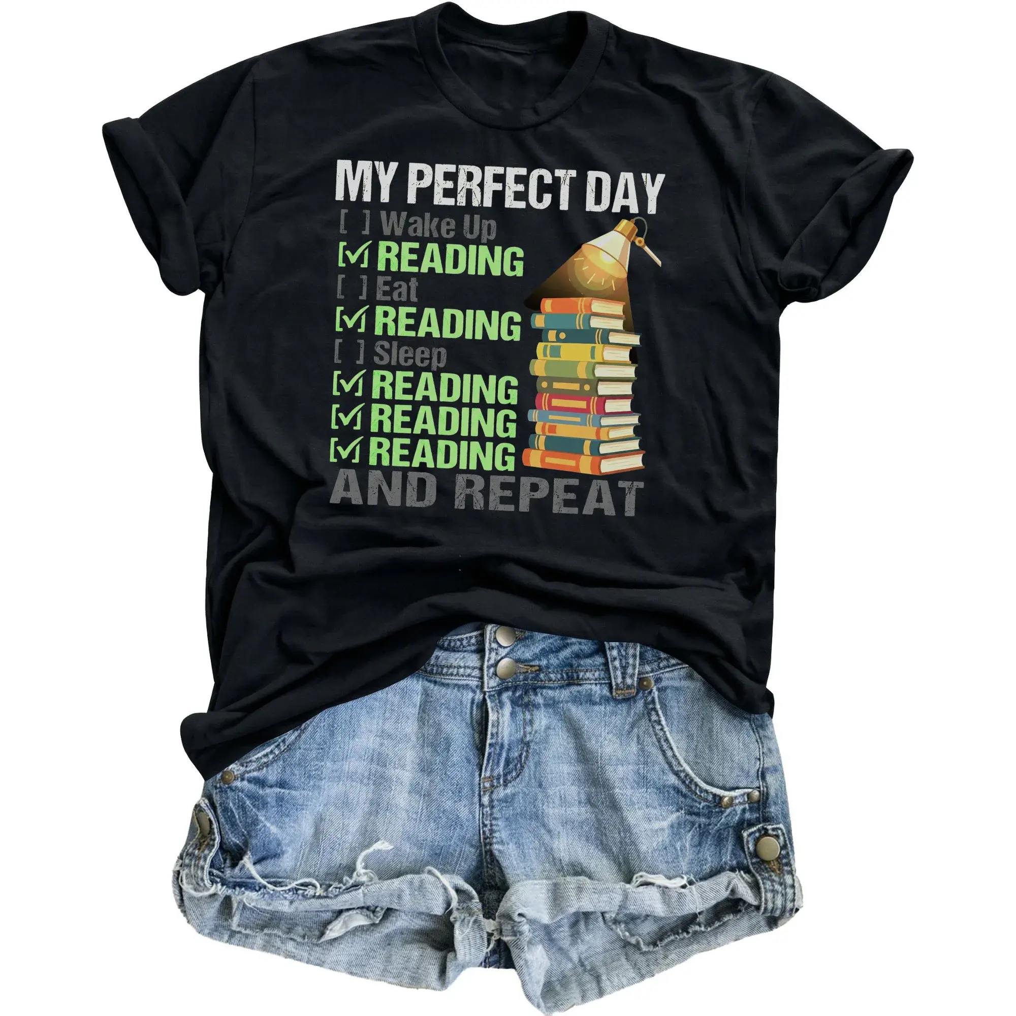 Funny Reading Graphic T-Shirt My Perfect Day Book Lover Short Sleeve Crew Neck Casual Cotton Blend Apparel