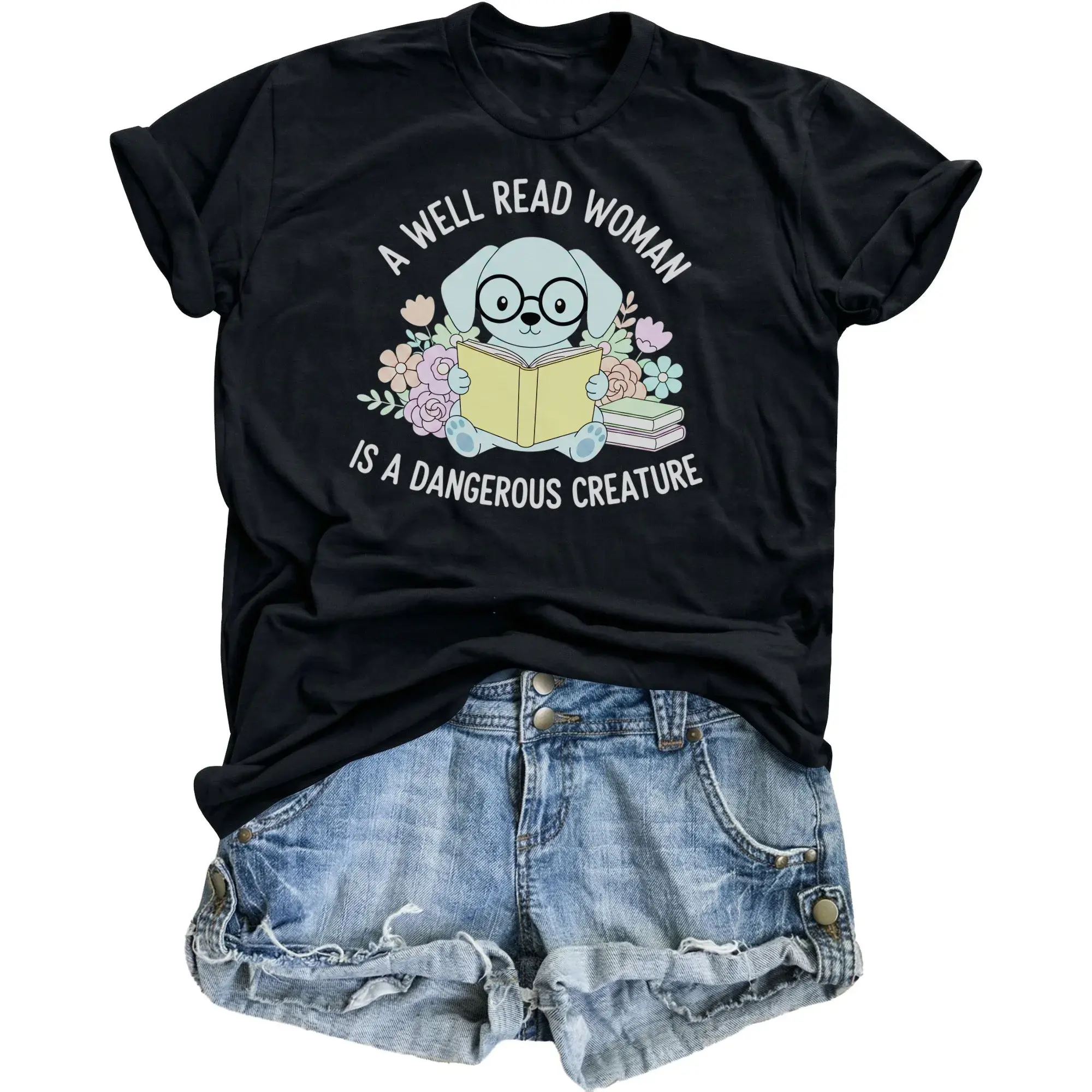 Graphic Tee a Well Read Woman Is a Funny Unisex Shirt for Book Lovers and Dog Enthusiasts