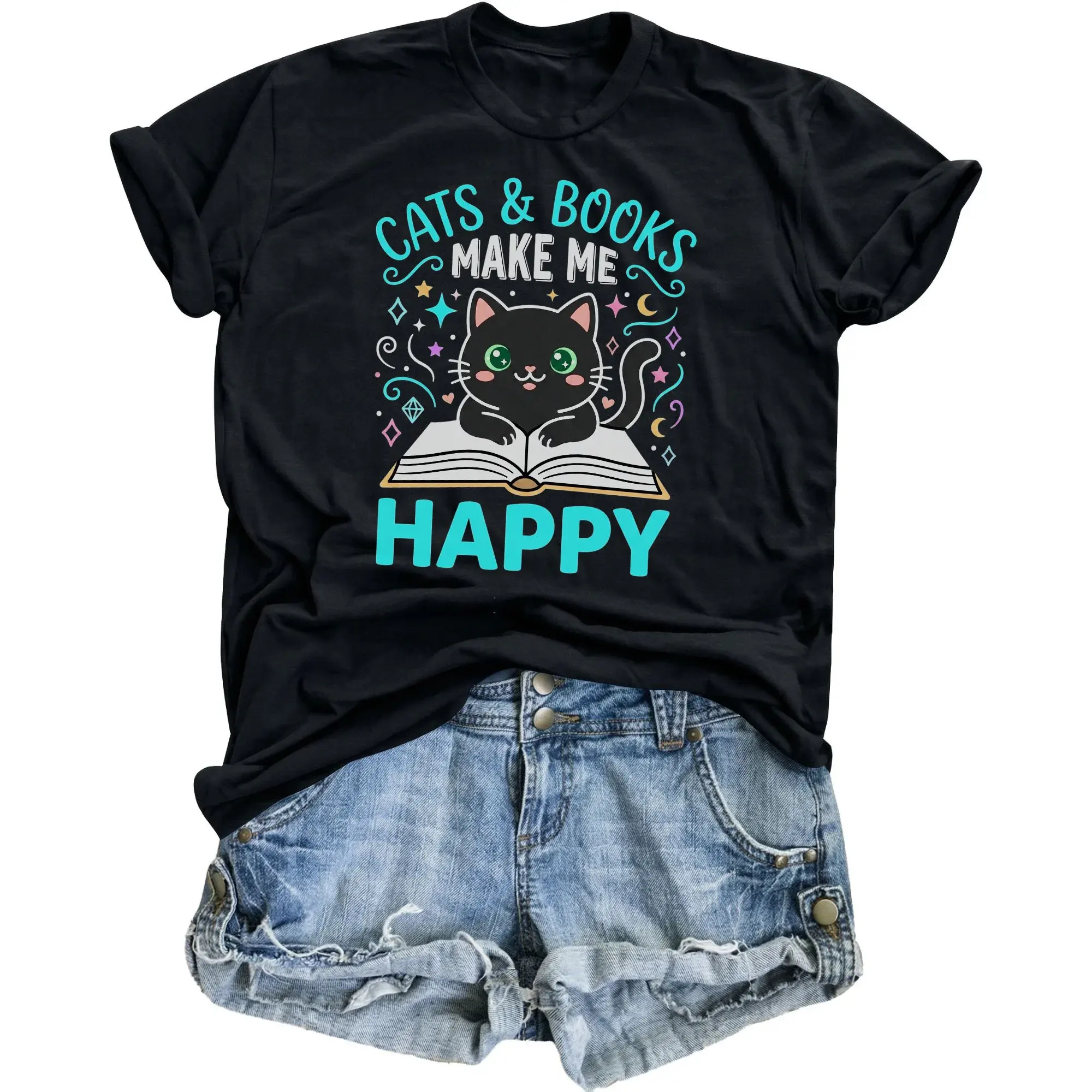 Graphic Tee Cats and Books Unisex Crew Neck T-Shirt Casual Soft Everyday Apparel for Pet Lovers