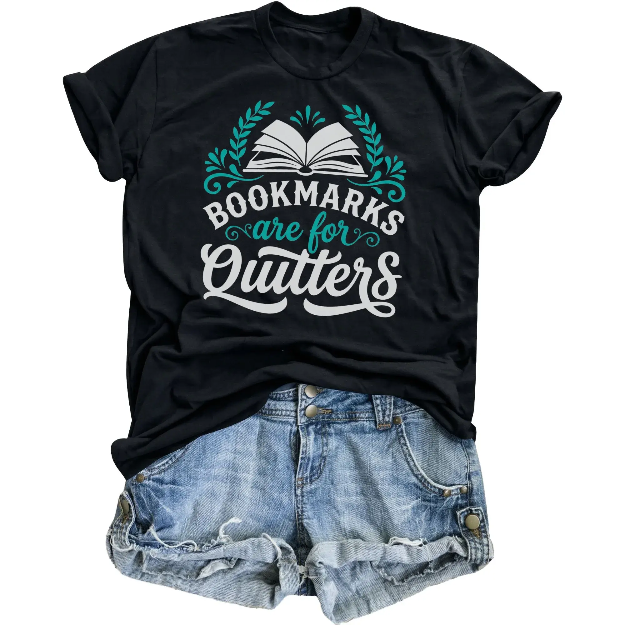 Funny Shirt Bookmarks Are for Quitters Graphic Printed T-Shirt Unisex Crew Neck Soft Cotton Reading Apparel Gift