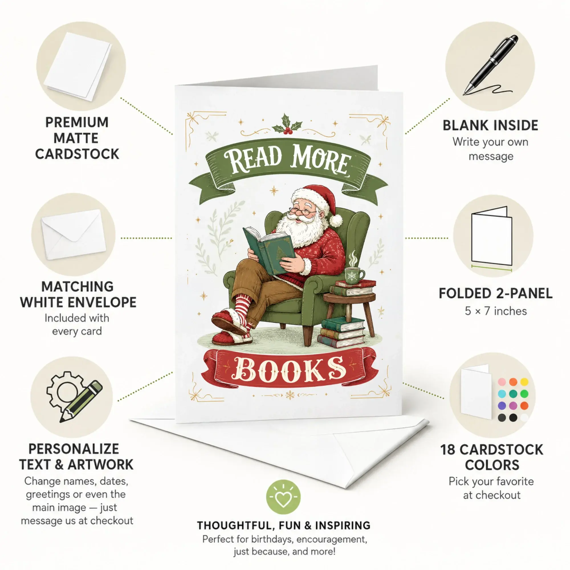 Reading Santa Claus Greeting Card with Envelope for Holiday Season and Book Lovers Birthday and Occasion