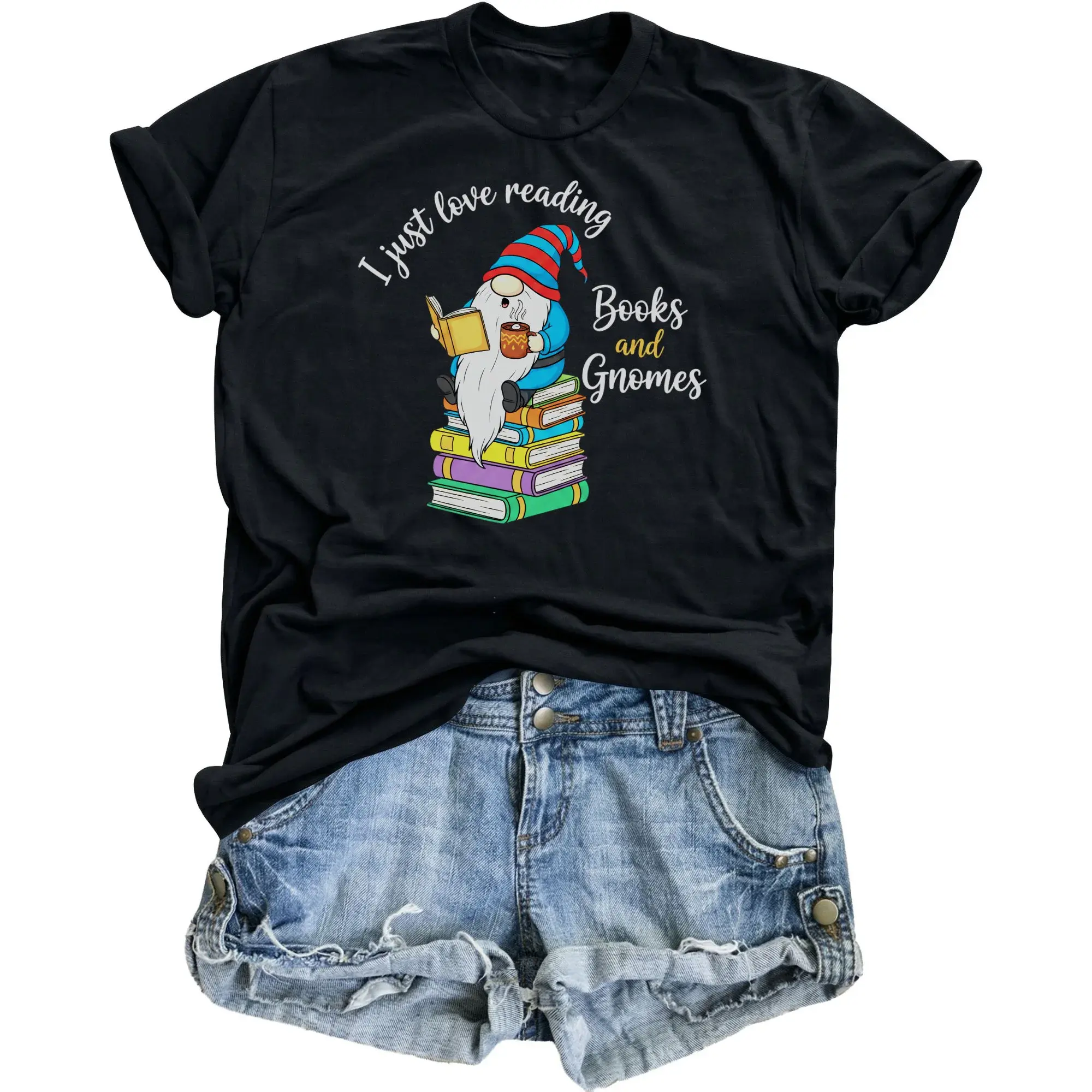 Graphic Tee I Just Love Reading Books and Gnomes Unisex Crew Neck Shirt Casual Comfortable Short Sleeve Apparel