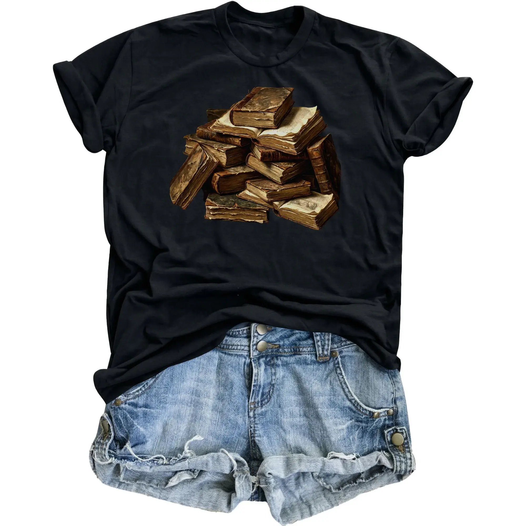 Graphic Tee Unisex Crew Neck Short Sleeve Shirt Featuring a of Vintage Antique Books Design for Literature Lovers