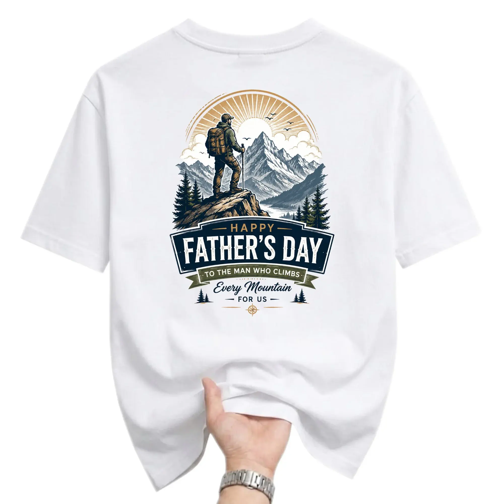 Graphic Tee Happy Father’s Day Mountain Hiker Print Casual Unisex Crew Neck Short Sleeve Cotton Blend T-Shirt Top