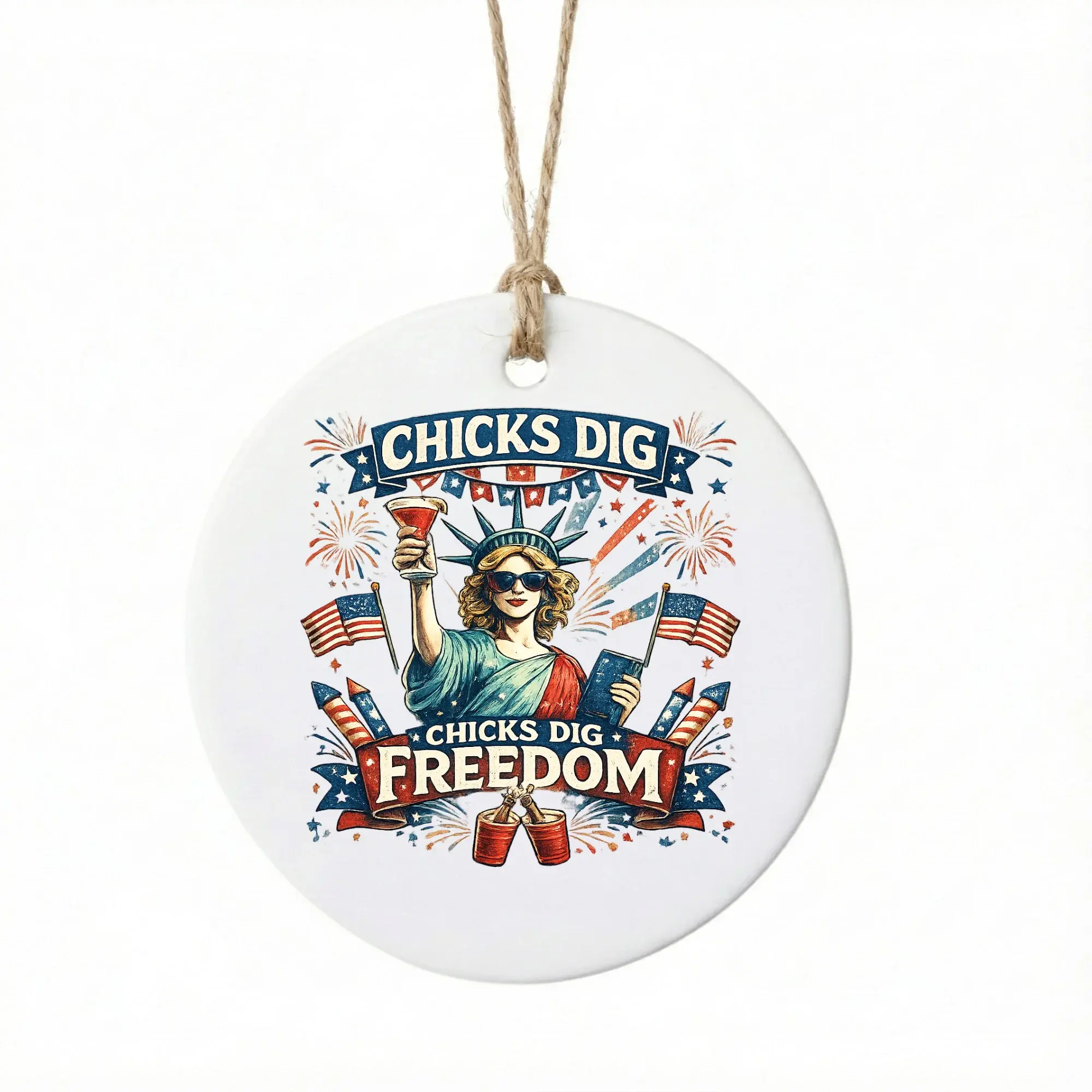 Ceramic Christmas Ornament Patriotic Lady Design Festive Holiday Tree Decoration Glossy Keepsake for Seasonal Decor