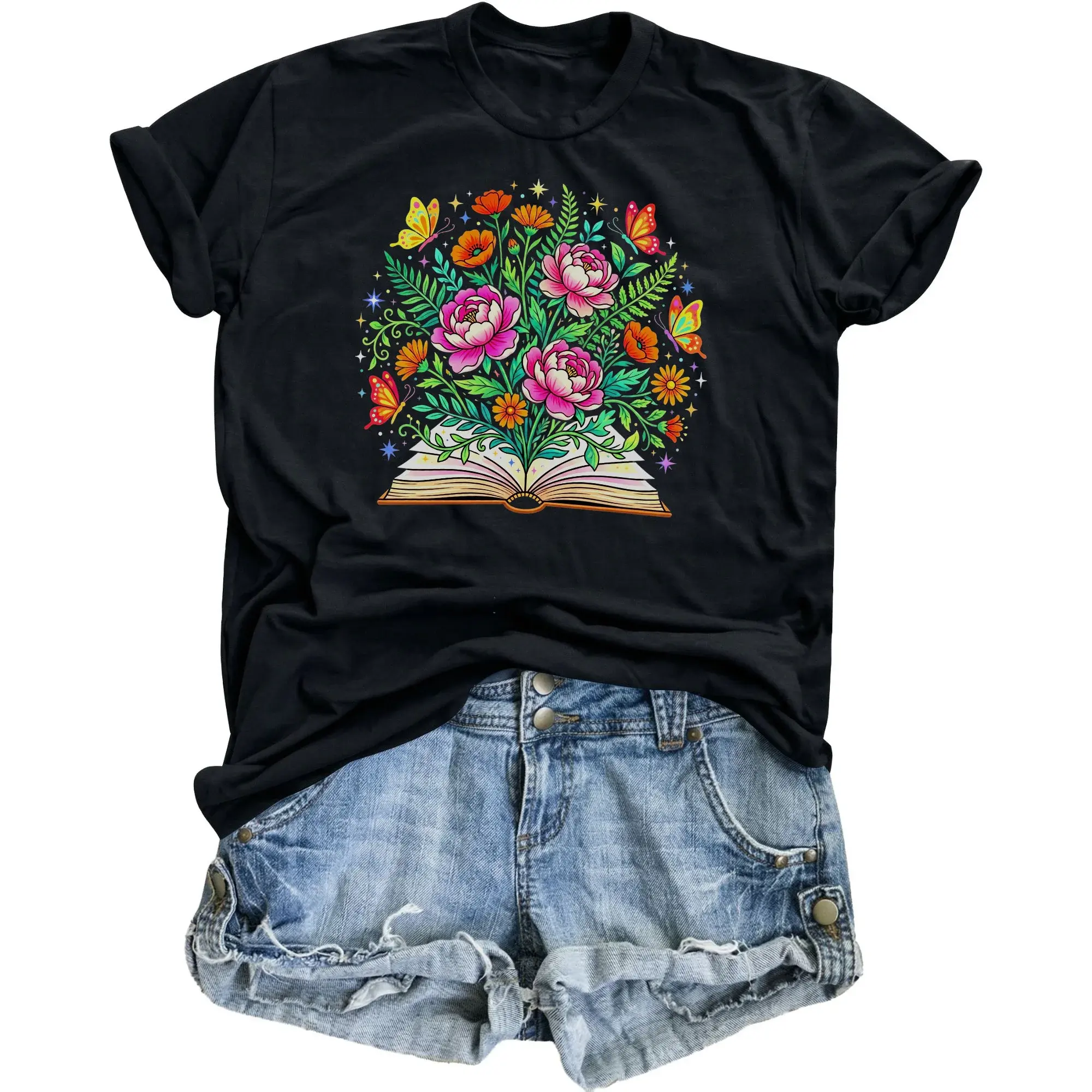 Graphic Tee Book Illustration Artistic Botanical Reading Inspired Unisex Crew Neck Short Sleeve Shirt