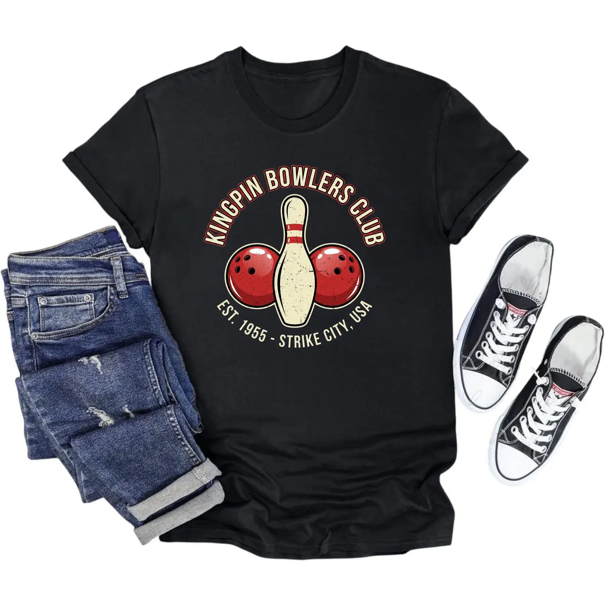Graphic Tee Kingpin Bowlers Club Strike City Retro Inspired Design Unisex Casual Short Sleeve Crew Neck Shirt