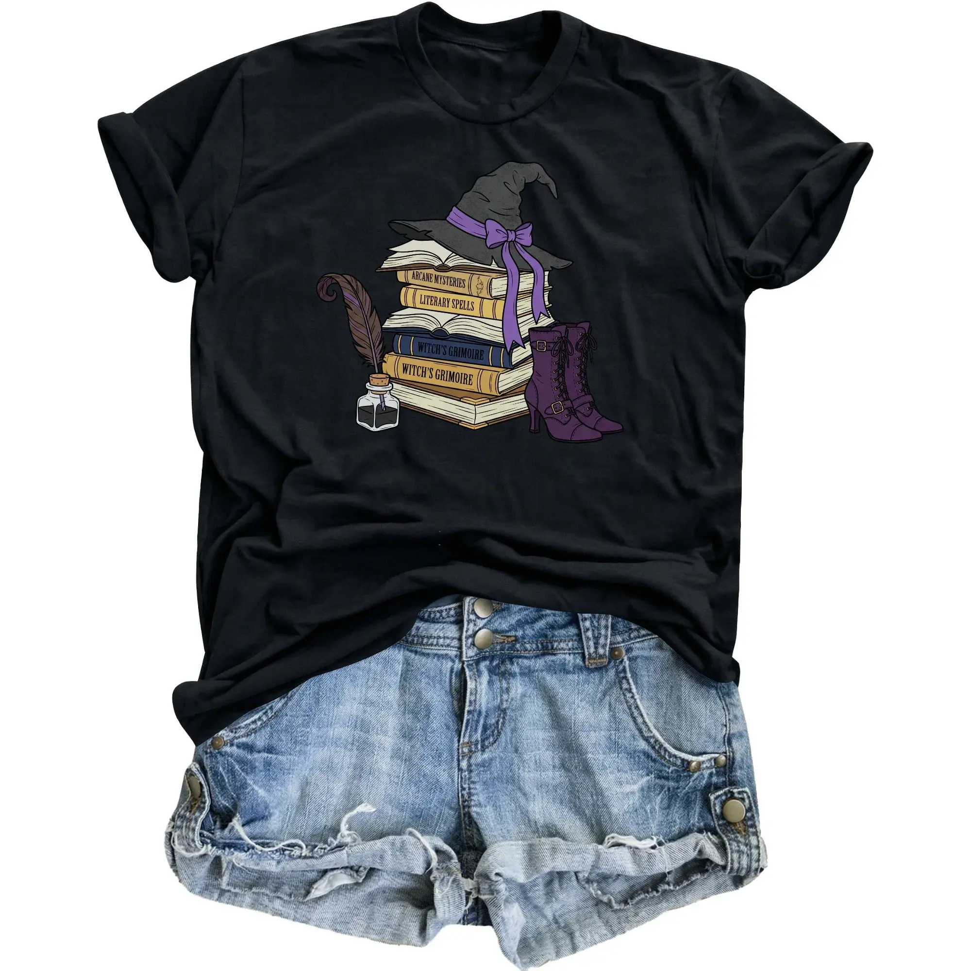 Graphic Tee Witchy Books and Design Unisex Casual Crew Neck T-Shirt for Daily Comfortable Everyday Wear