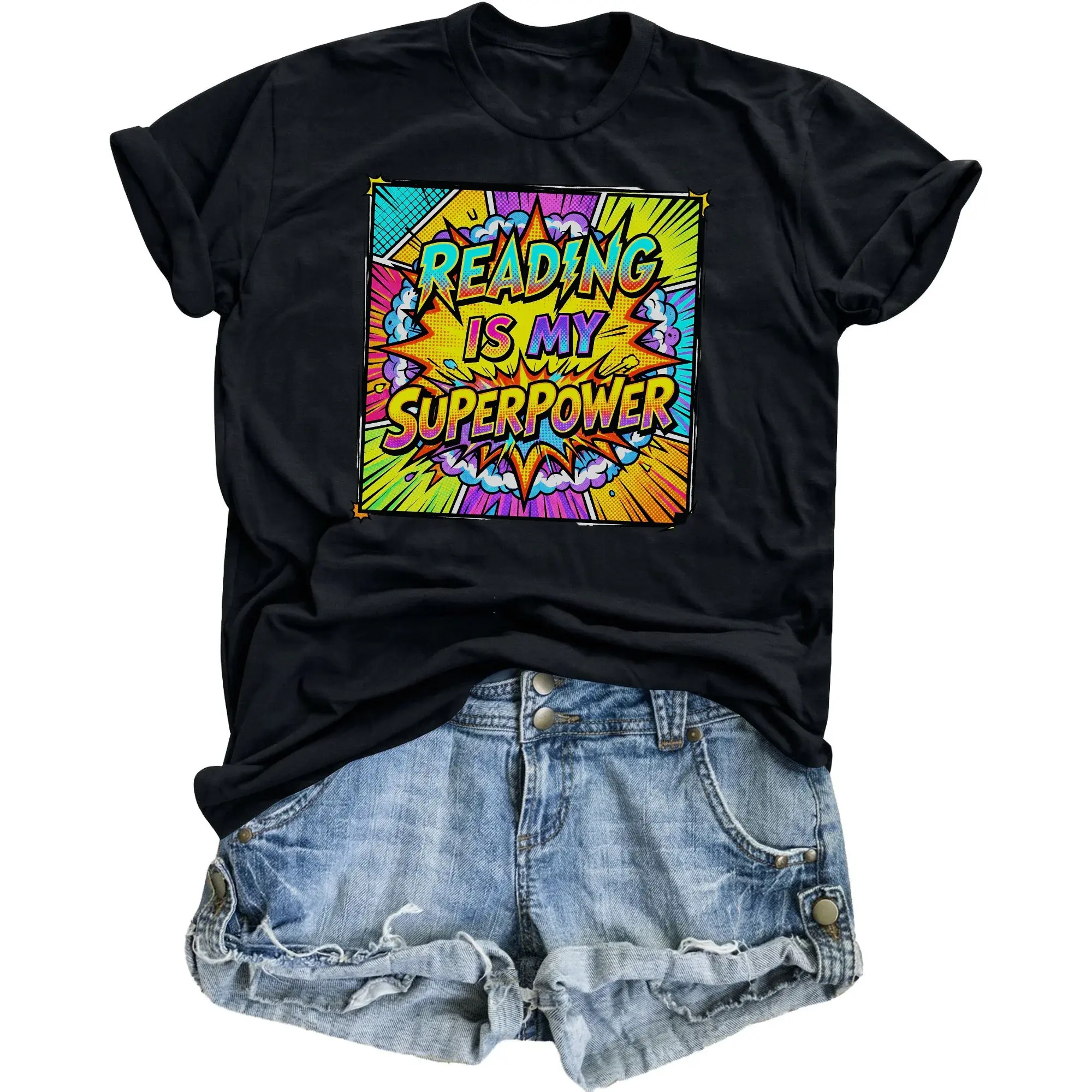 Graphic Tee Reading Is My Superpower Comic Style Unisex Crew Neck T-Shirt for Book Lovers and Everyday Casual Wear