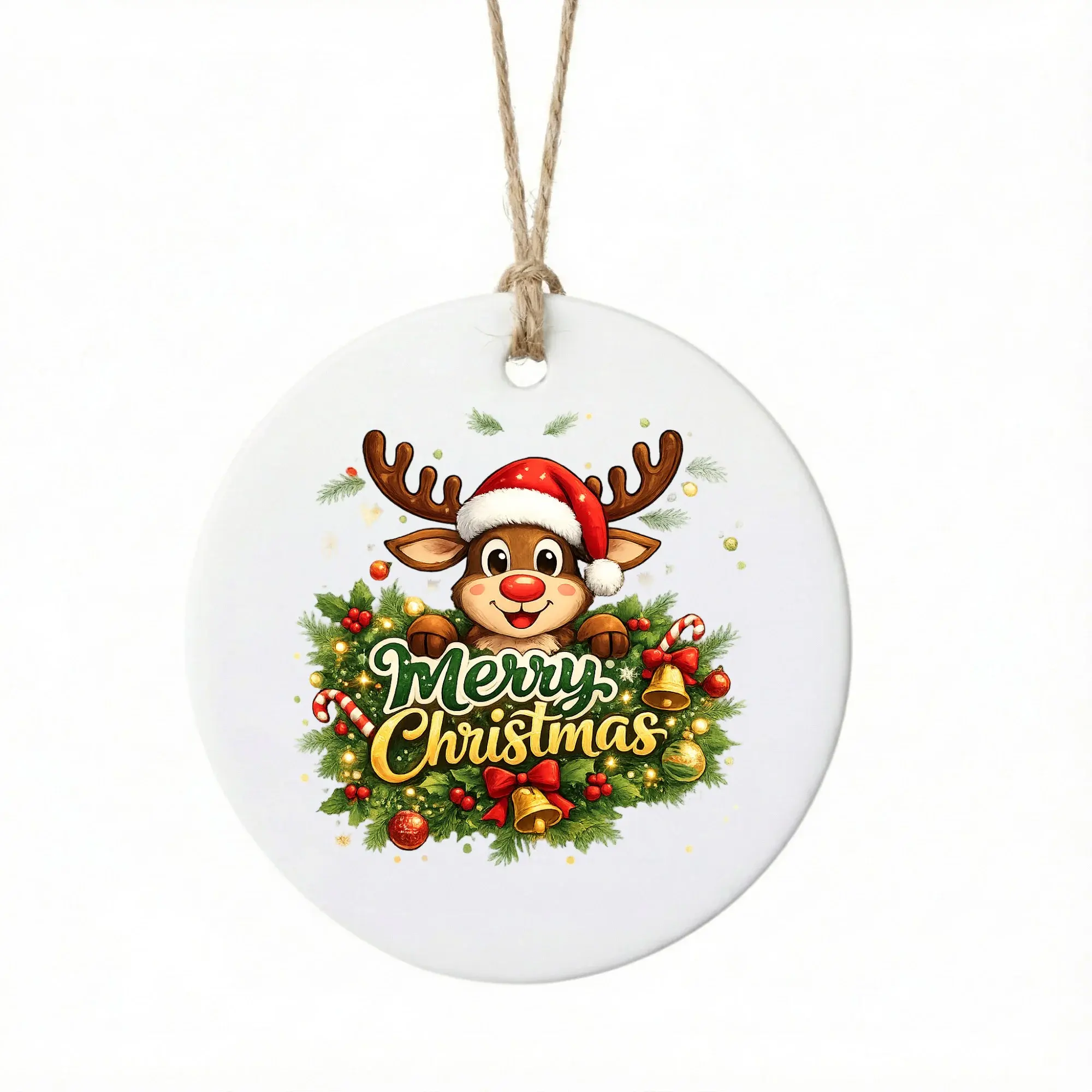 Christmas Ornament Ceramic Festive Reindeer Decoration with Merry Christmas Wreath Design for Holiday Home Tree Decor