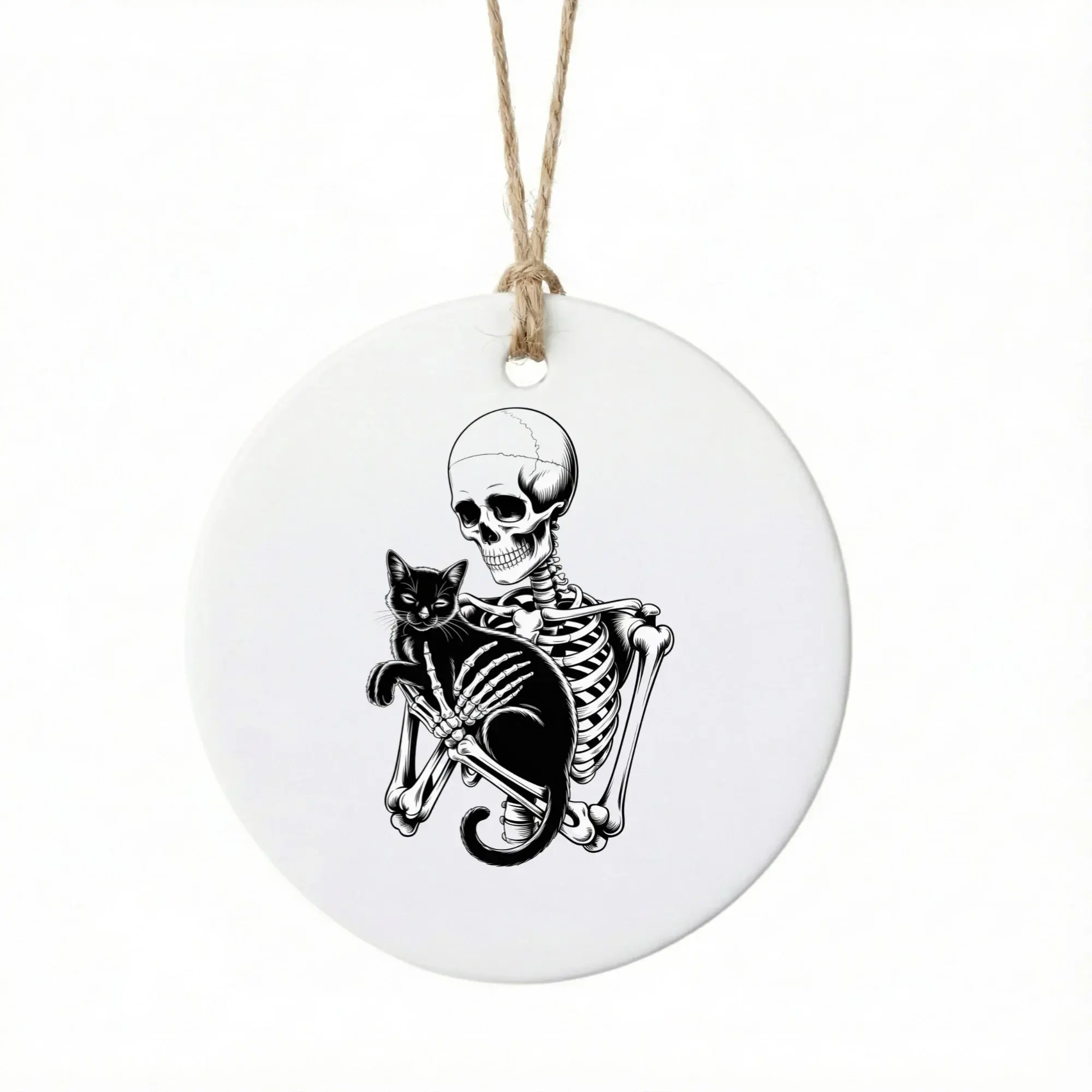 Christmas Ornament Ceramic Round Decoration Featuring a Detailed Skeletal Figure Holding a Black Cat Graphic Design