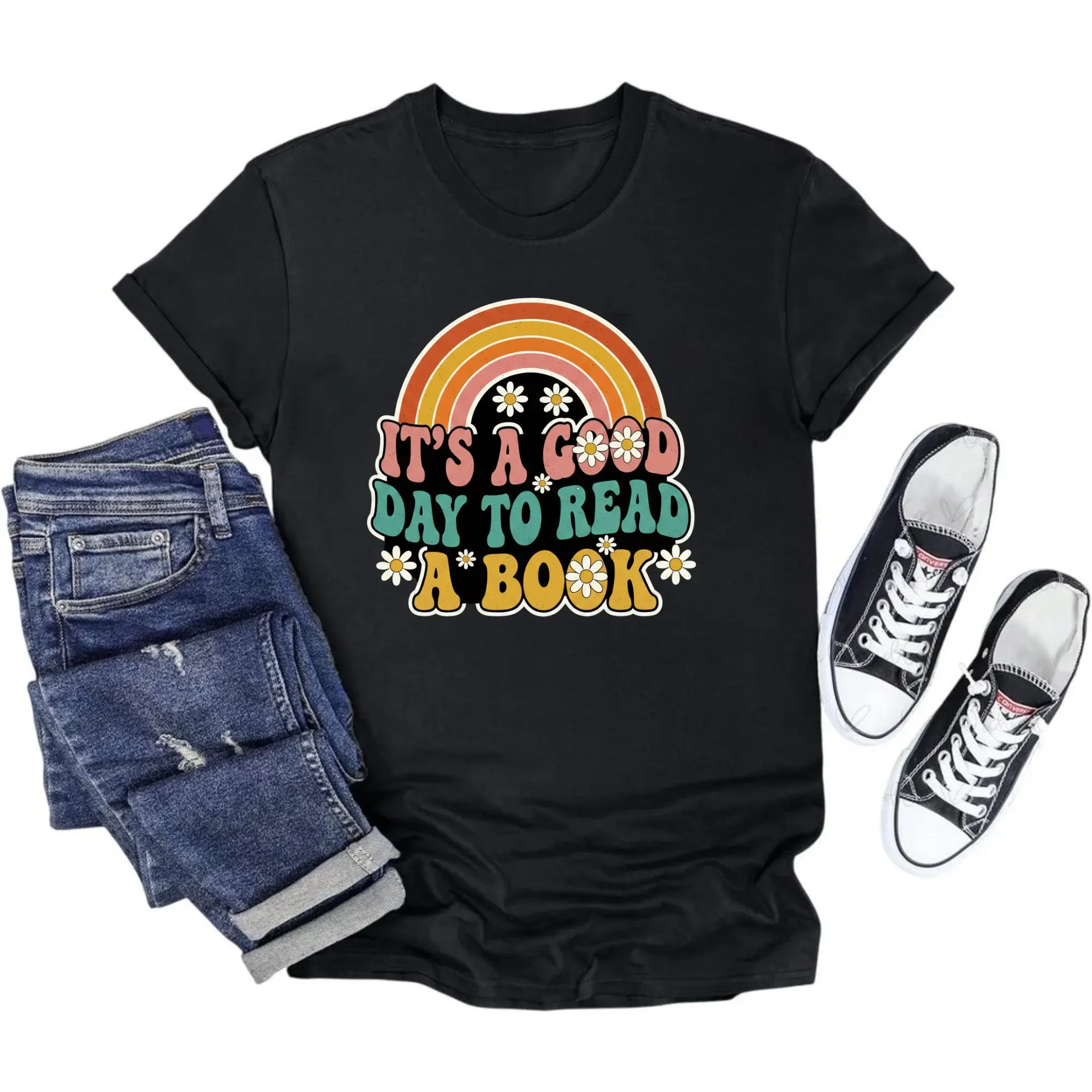 Graphic Tee It Is a to Read a Book Shirt Retro Aesthetic Rainbow Unisex Crew Neck Cotton Top