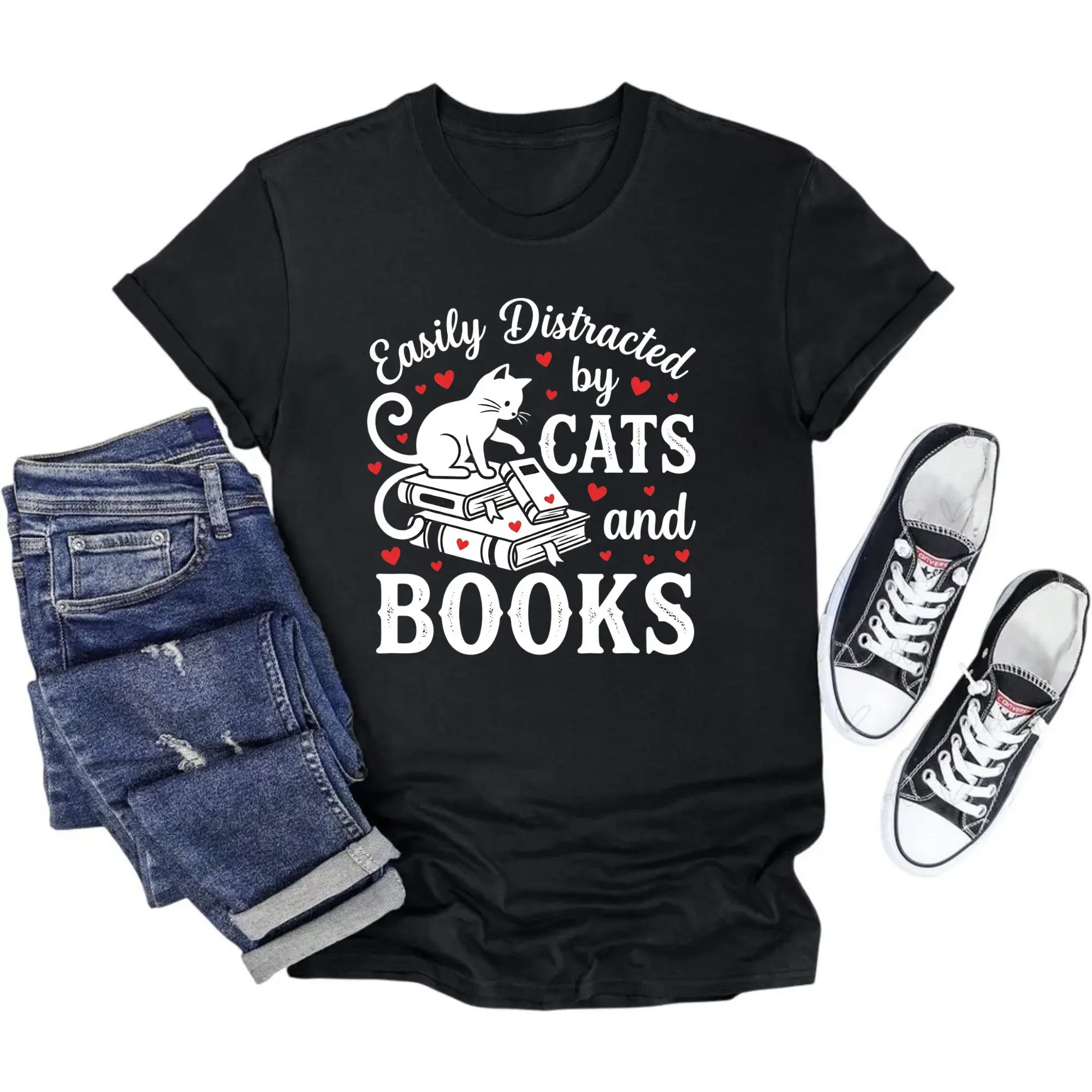 Funny Graphic Tee Easily by Cats and Books Shirt for Casual Everyday Wear Unisex Crew Neck Apparel