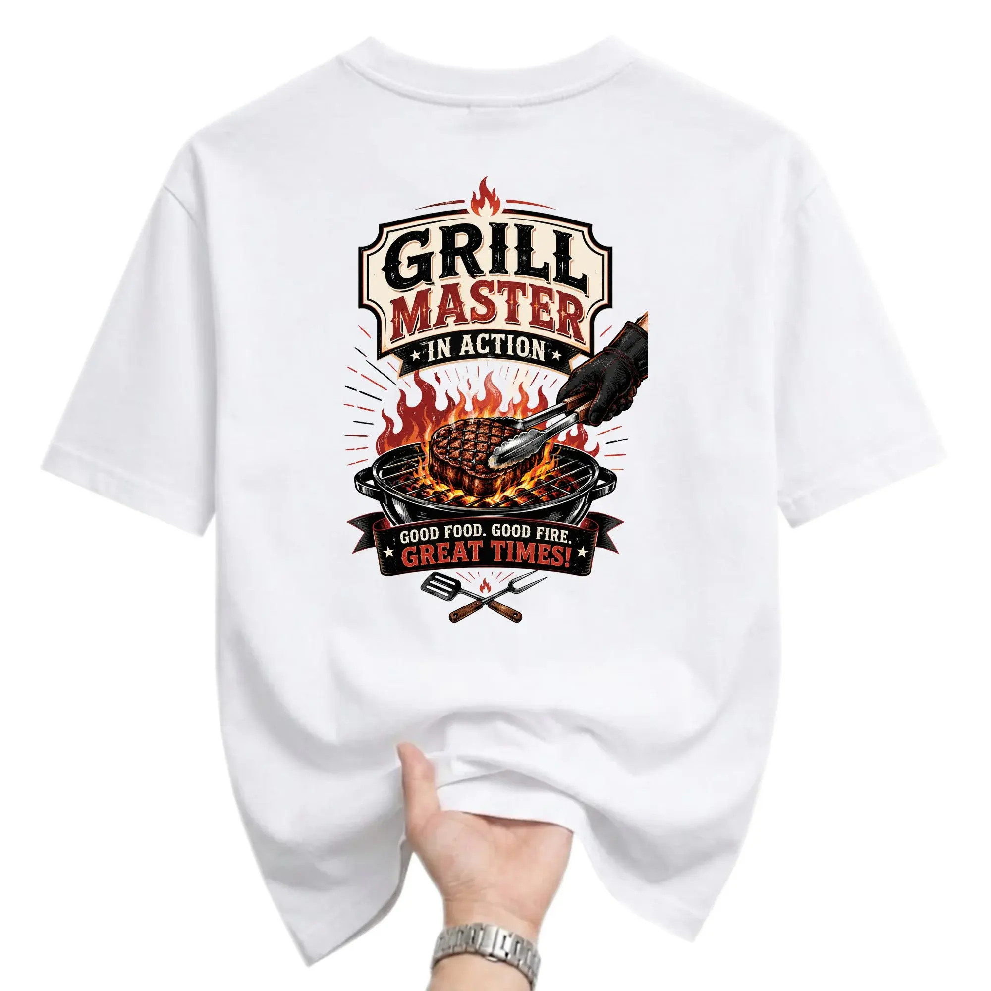 Funny Shirt in Action Graphic Tee Featuring Flames and Barbecue Tools on White Unisex Crew Neck T-Shirt