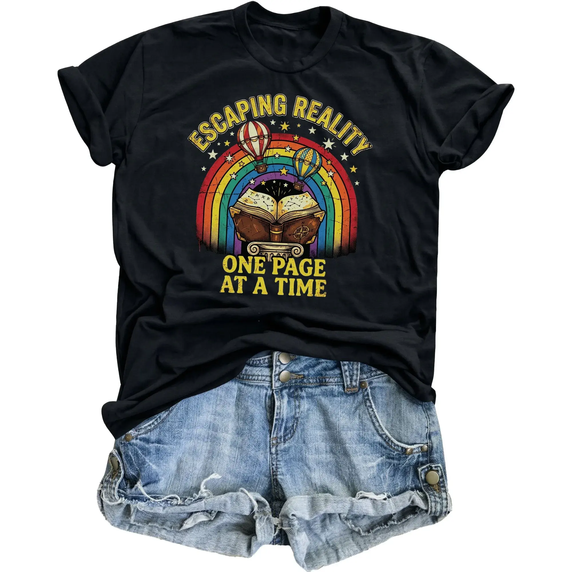 Graphic Tee Escaping Reality One Page at a Time Reading Lover Unisex T-Shirt Retro Bookworm Inspired Casual Apparel