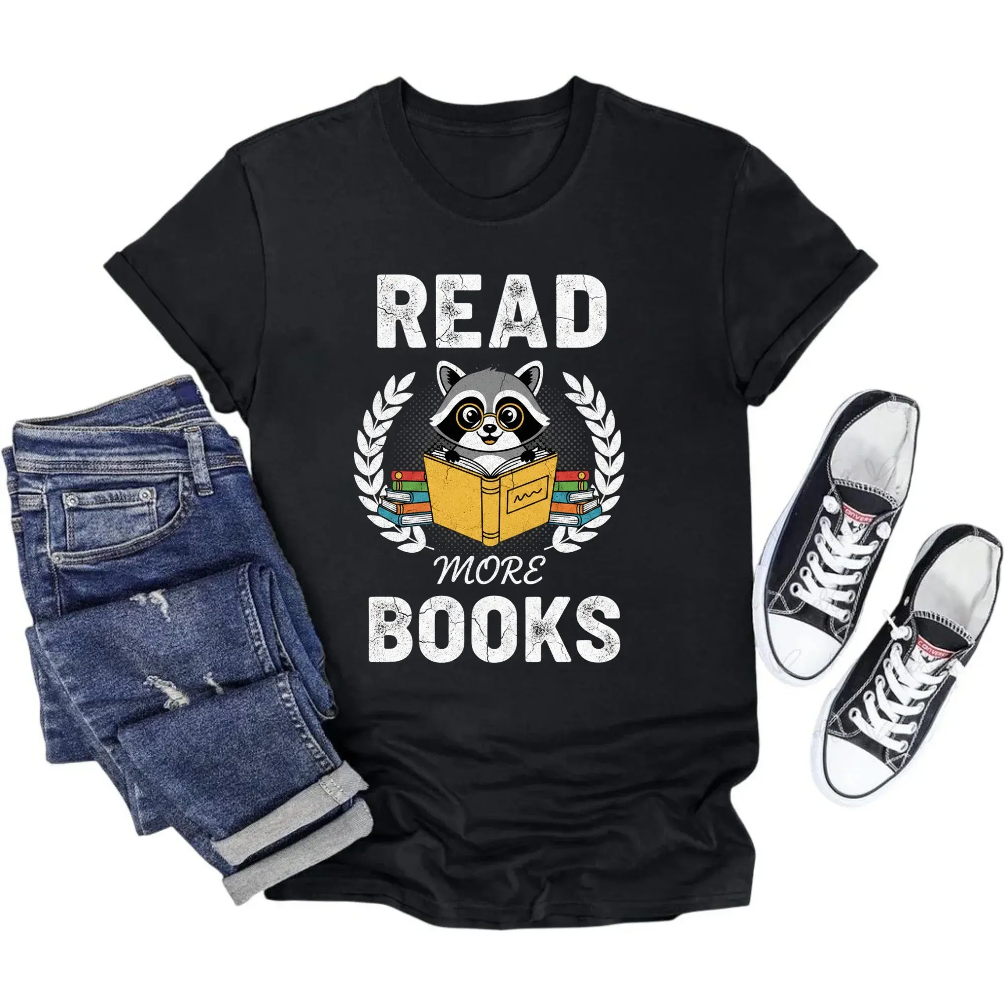 Graphic Tee Read More Books Raccoon Wearing Glasses Unisex Crew Neck Short Sleeve Shirt for Casual Everyday Outfits