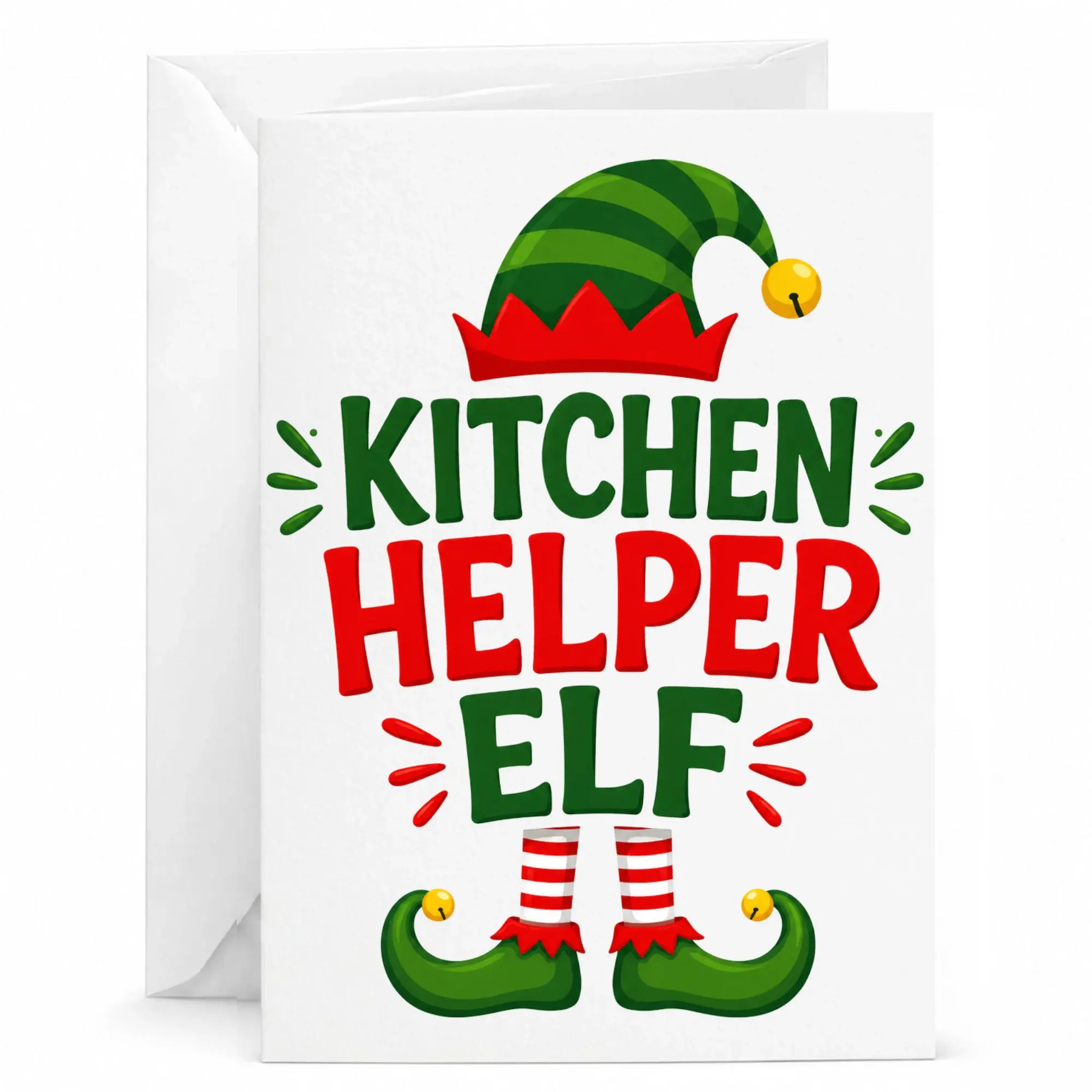 Funny Kitchen Helper Elf Greeting Card for Holiday Cooking Enthusiasts and Culinary Fans Festive Christmas Stationery