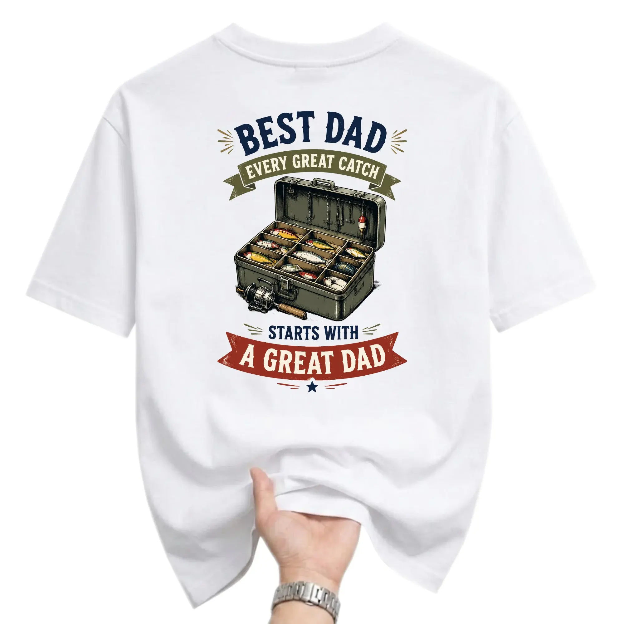 Funny Shirt Best Dad Every Great Catch Starts with a Fishing Graphic Tee Unisex Casual Cotton Crew Neck Top