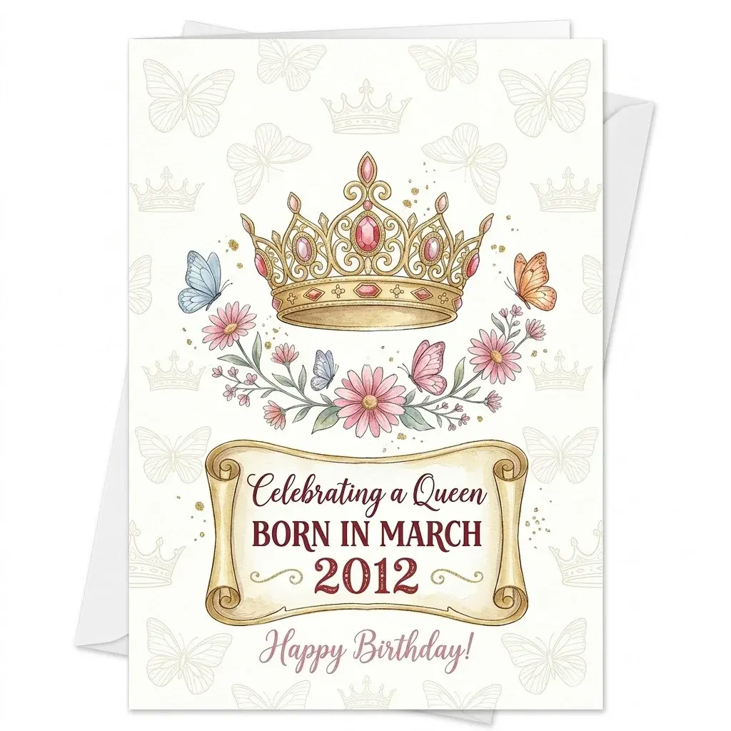 Birthday Greeting Card Celebrating A Queen Born In March 2012 Elegant Floral Crown Art Decorative Scroll Stationery