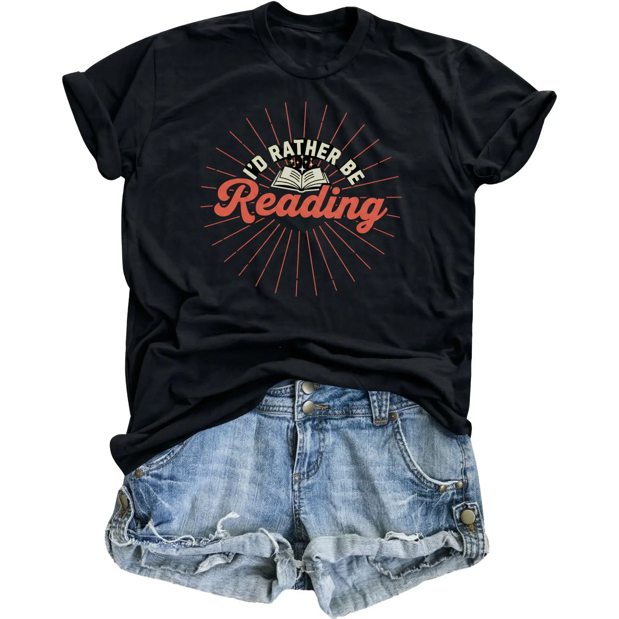 Graphic Tee I'd Rather Be Reading Funny Shirt Unisex Crew Neck Casual Cotton Blend Short Sleeve Tops for Book Lovers