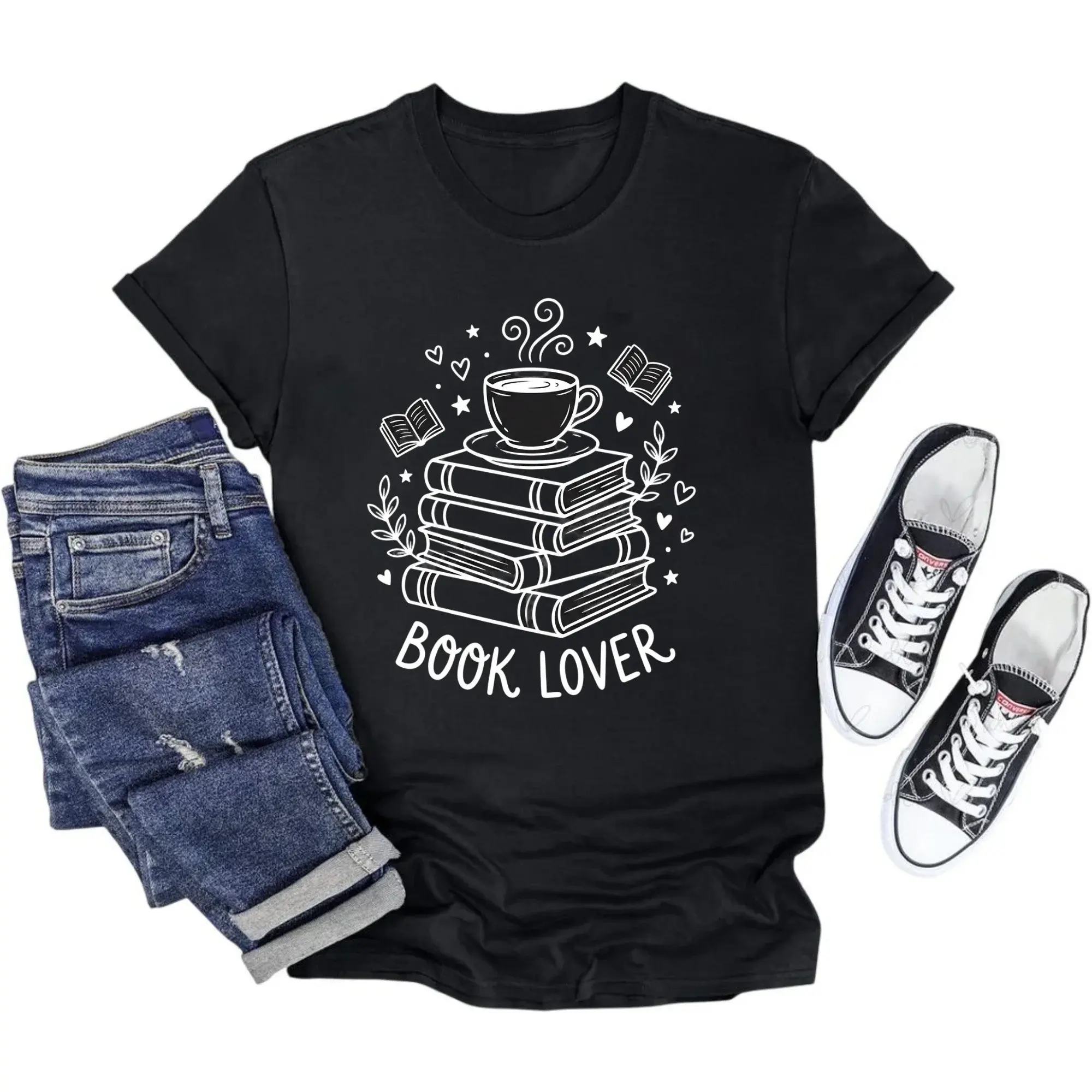 Graphic Tee Book Lover Shirt for Readers Unisex Coffee and Books Design Casual Cotton Crew Neck Reading Apparel