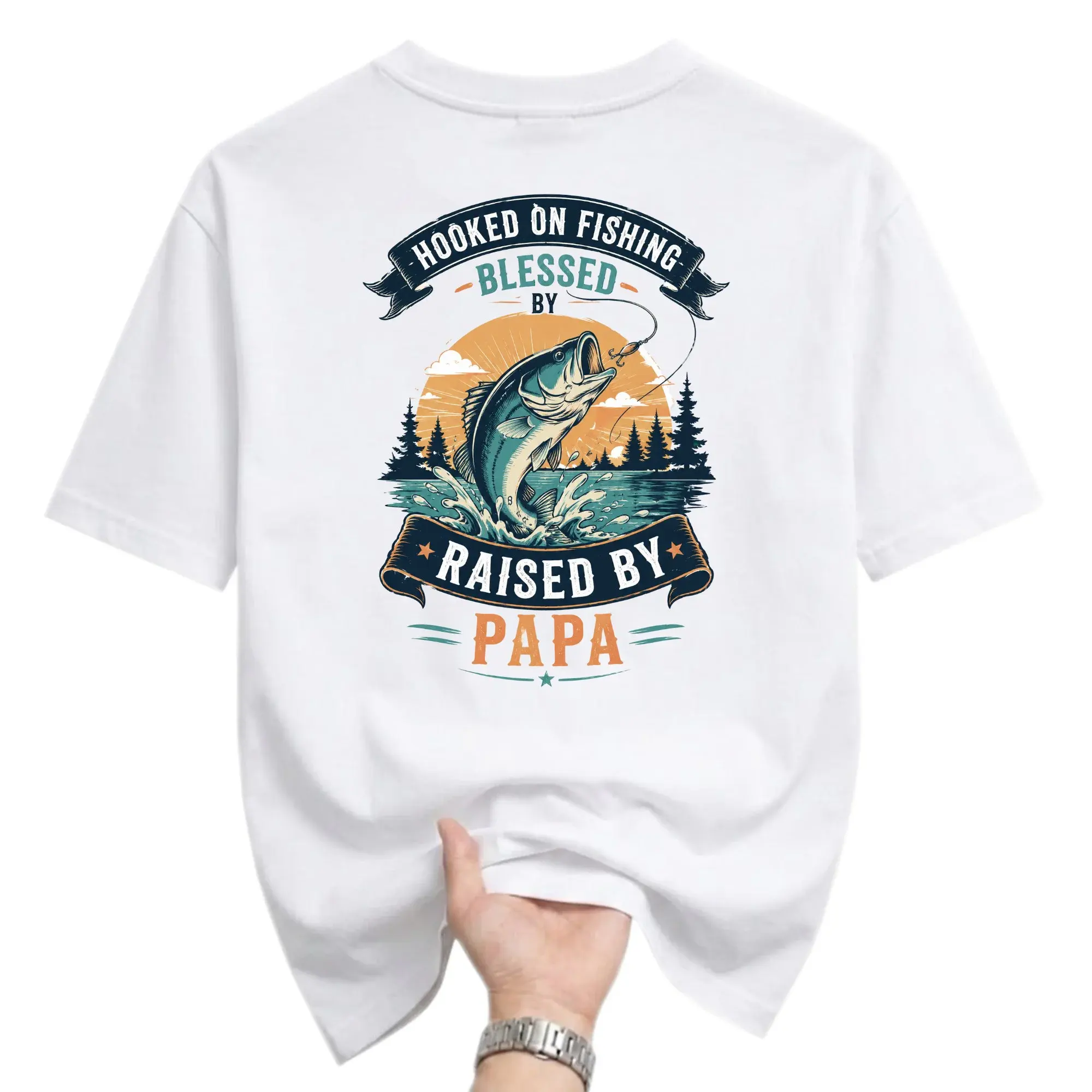 Graphic Tee on Fishing Blessed by Raised by Papa Unisex Casual Crew Neck T-Shirt for Outdoor Enthusiasts