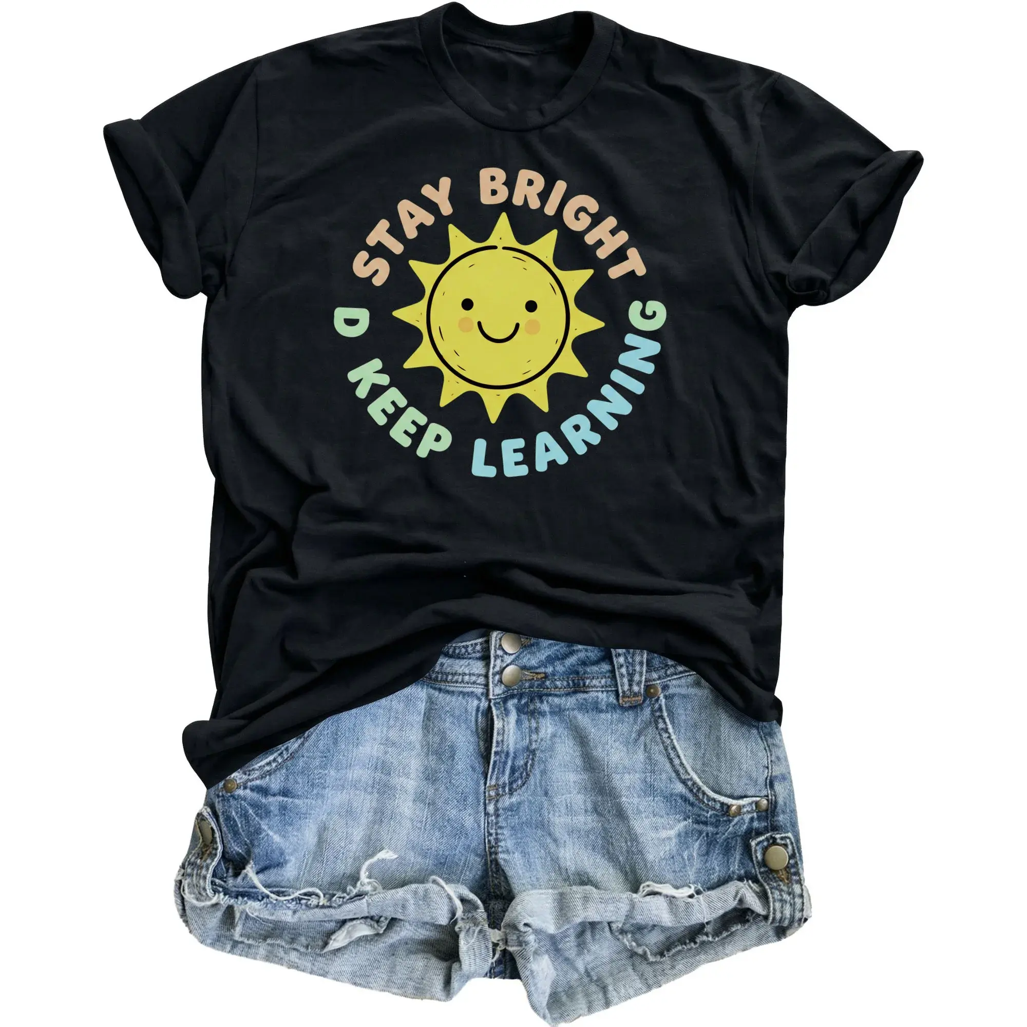 Graphic Tee Bright Keep Learning Sun Design Unisex Casual Crew Neck T-Shirt for Everyday Comfortable Wear