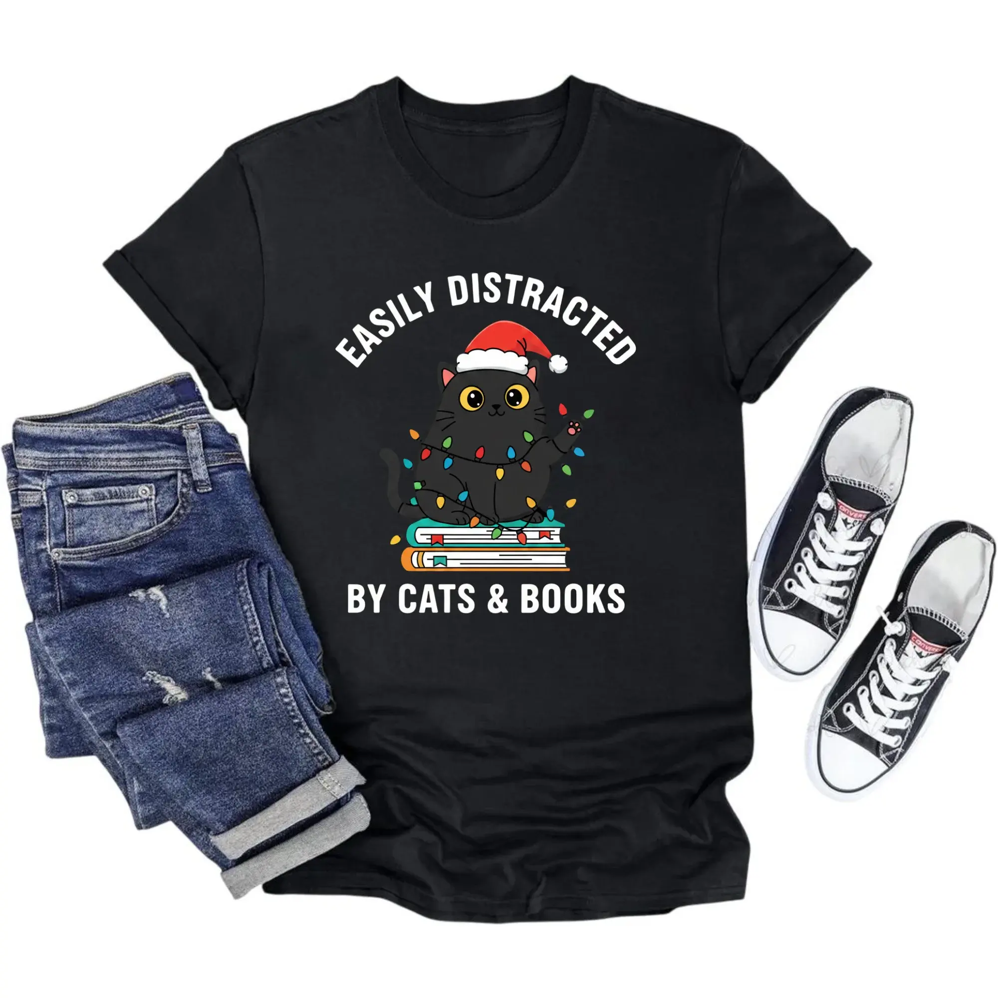 Graphic Tee Easily by Cats and Books Funny Holiday Pet Lover Unisex Crew Neck Short Sleeve Shirt