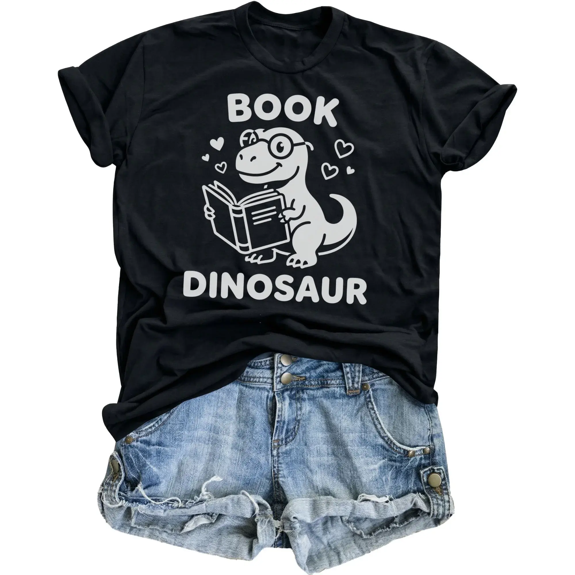 Funny Book Dinosaur Graphic Tee Unisex Cotton Crew Neck Short Sleeve Shirt for Casual Everyday Apparel and Style