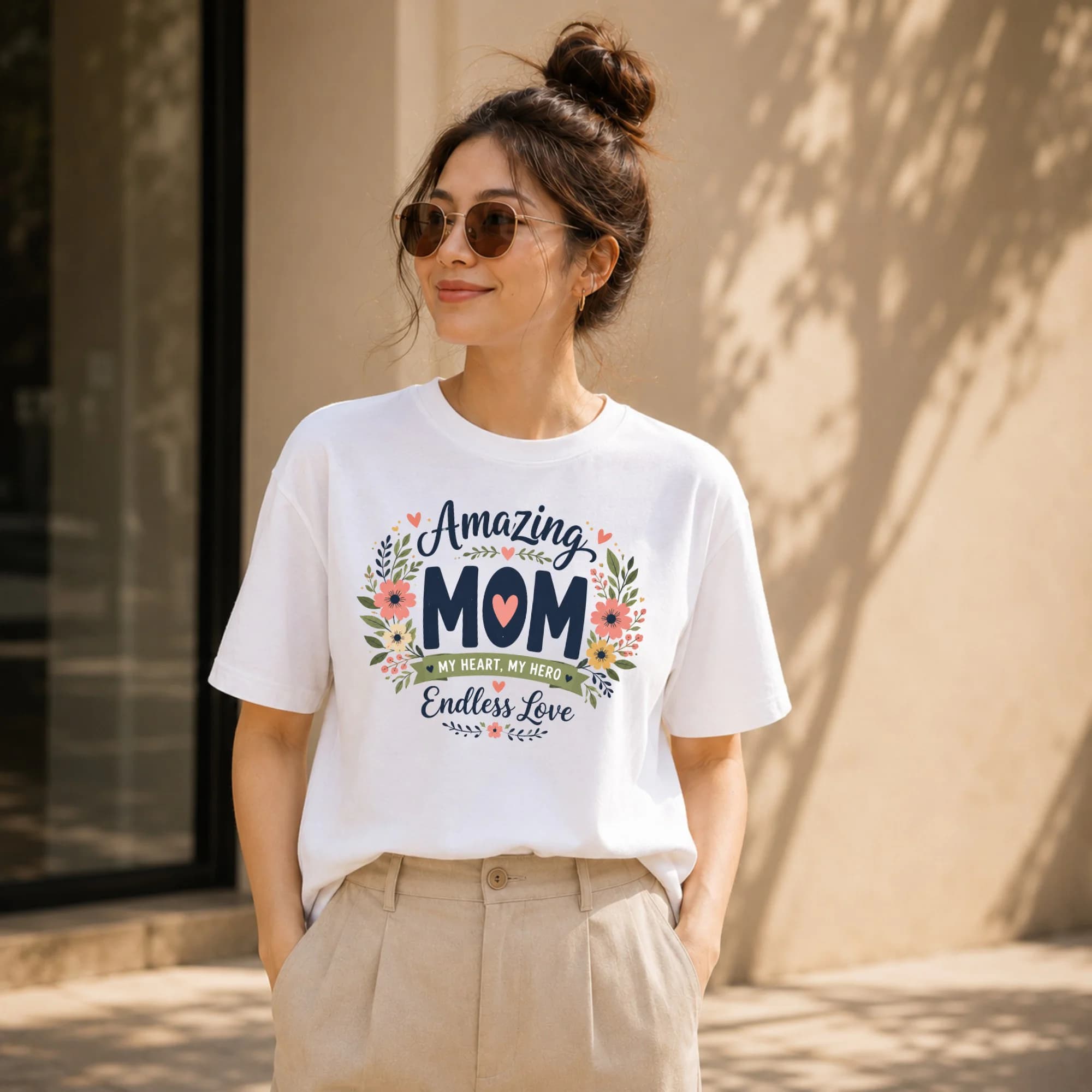 Graphic Tee Amazing Mom My Heart My Hero Endless Love Floral Design Unisex Crew Neck Comfortable Casual Apparel
