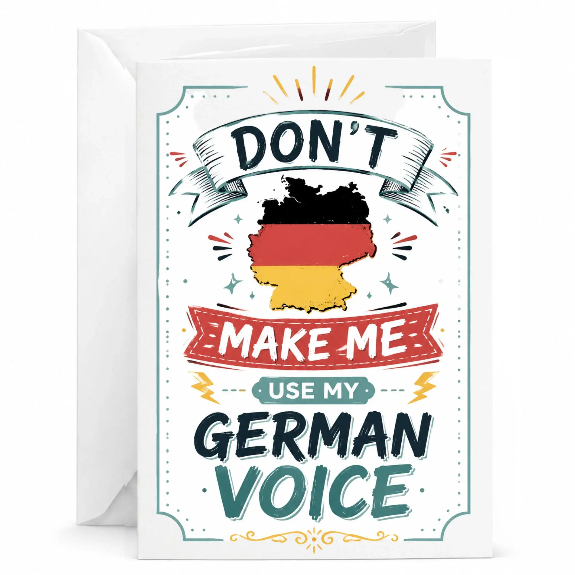 Funny German Voice Greeting Card, Humorous Sarcastic Heritage Joke Note for Friends and Family, 5x7 Inch Stationery