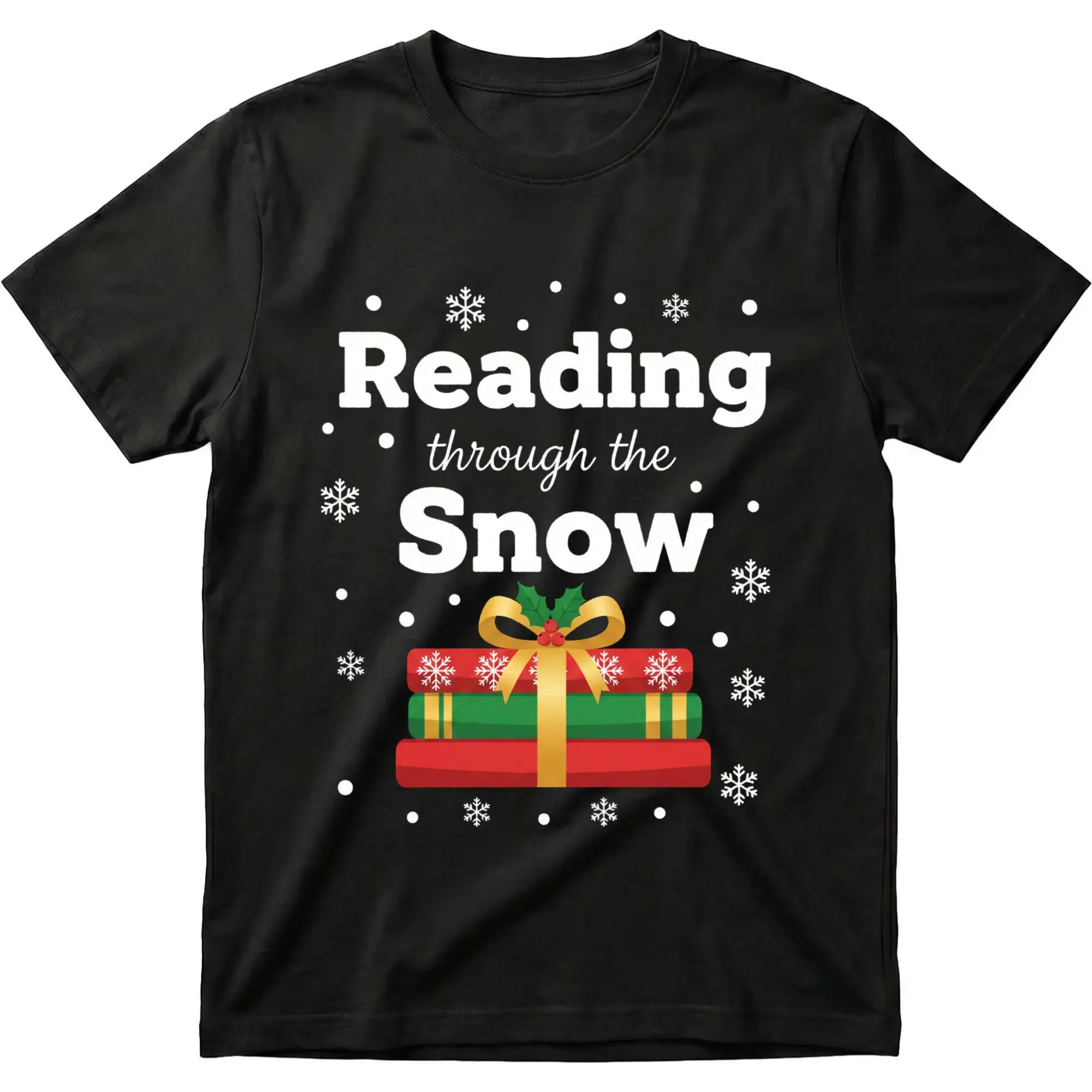 Graphic Tee Reading Through the Snow Funny Book Lover Shirt Winter Holiday Casual Unisex Crew Neck Apparel