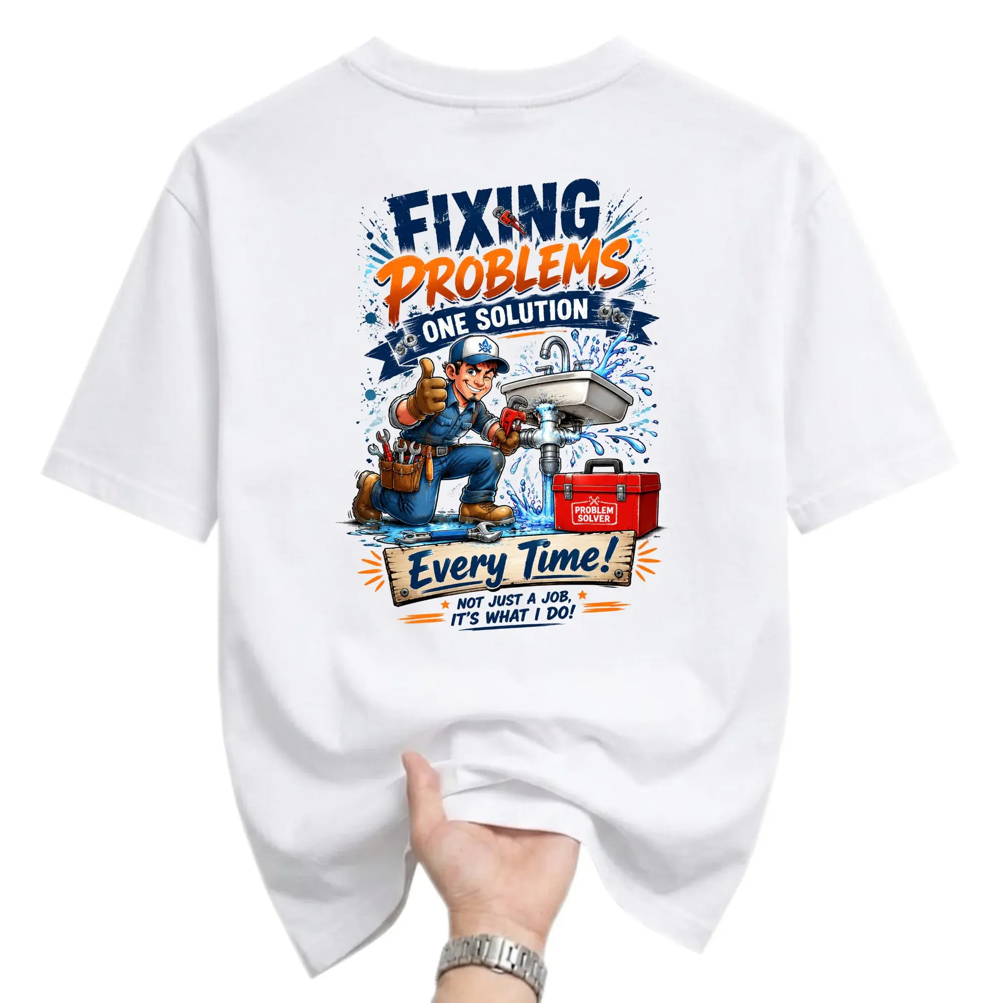 Funny Shirt Fixing Problems One Solution Every Time Graphic Tee for Plumbers and Handyman Professionals Casual Apparel