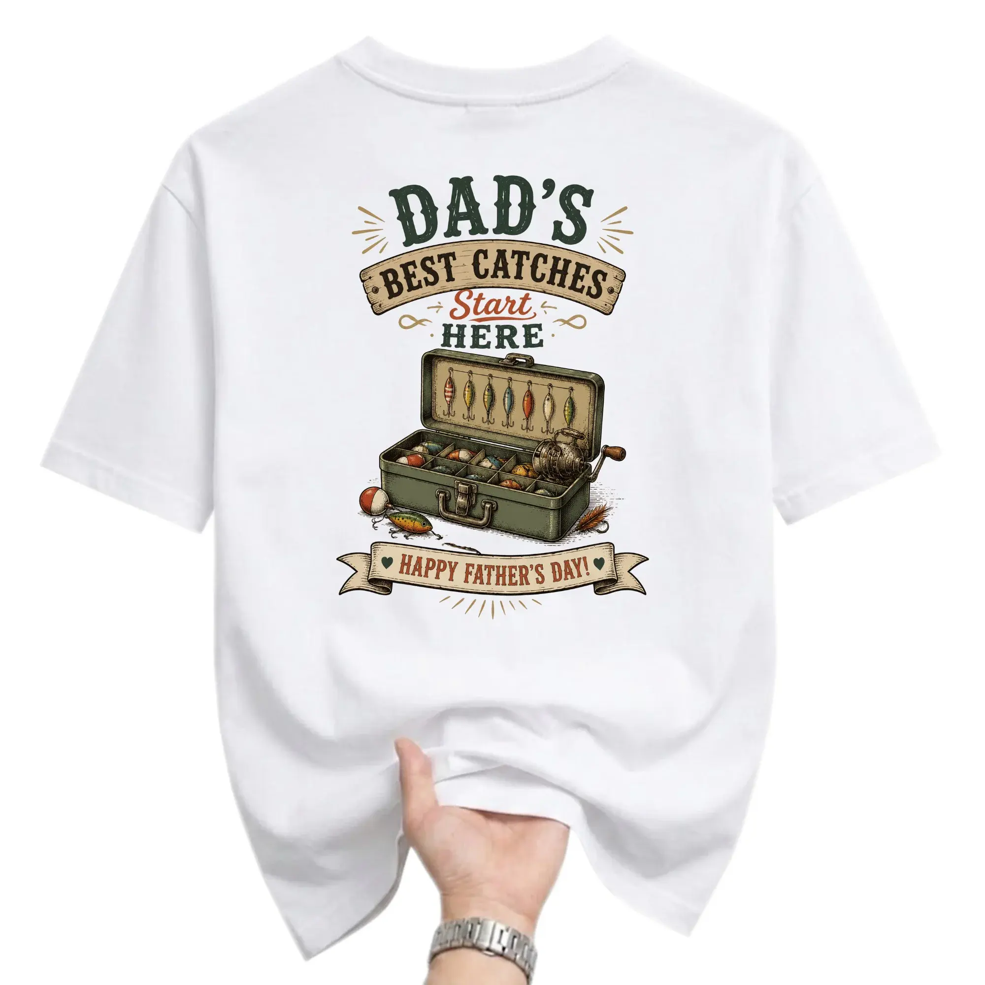 Graphic Tee Dad's Best Catches Start Here Fishing Tackle Box Print Unisex Cotton Crew Neck Casual Everyday Shirt