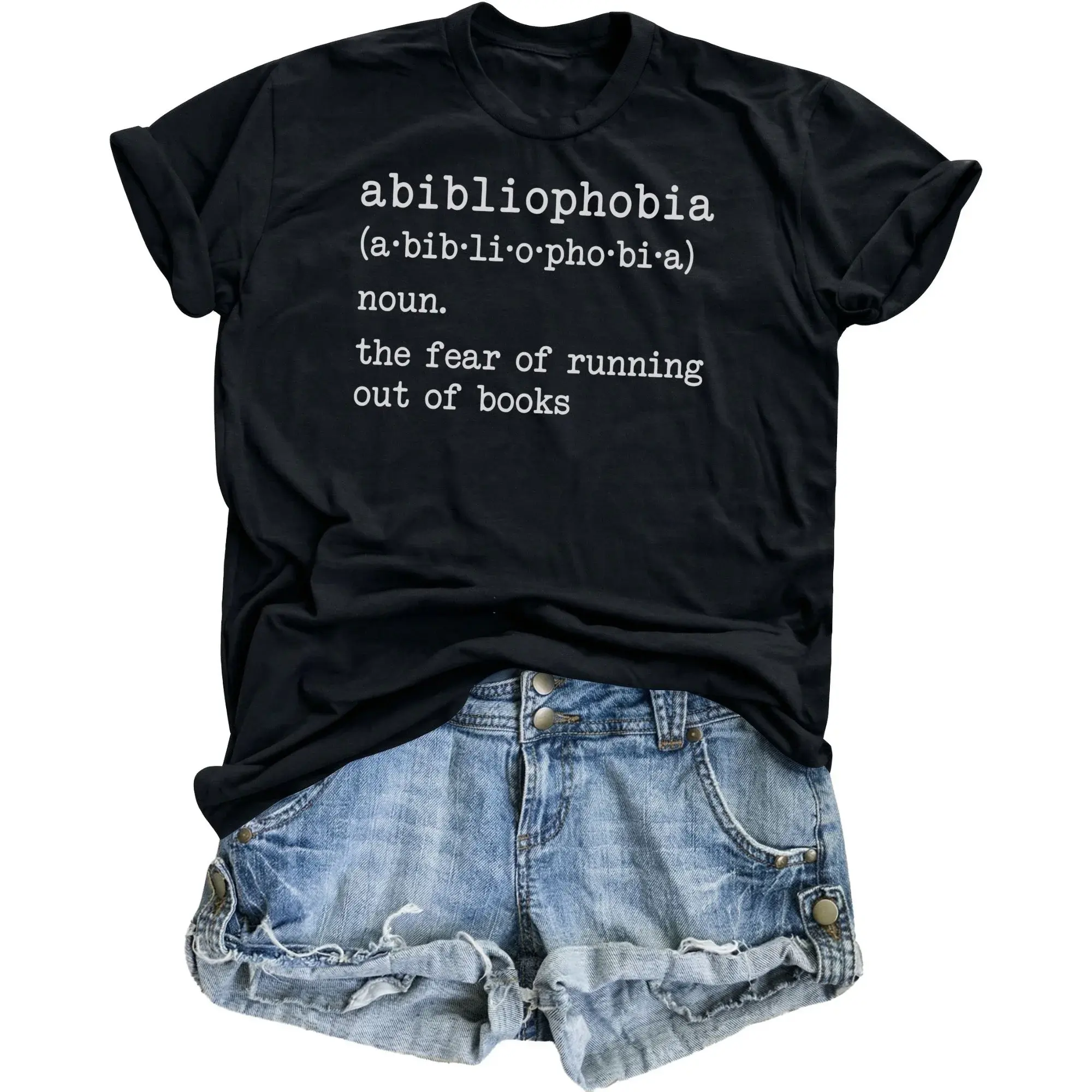 Graphic Tee Abibliophobia Funny Shirt for Book Lovers Reader Gift Unisex Crew Neck Casual Cotton Top