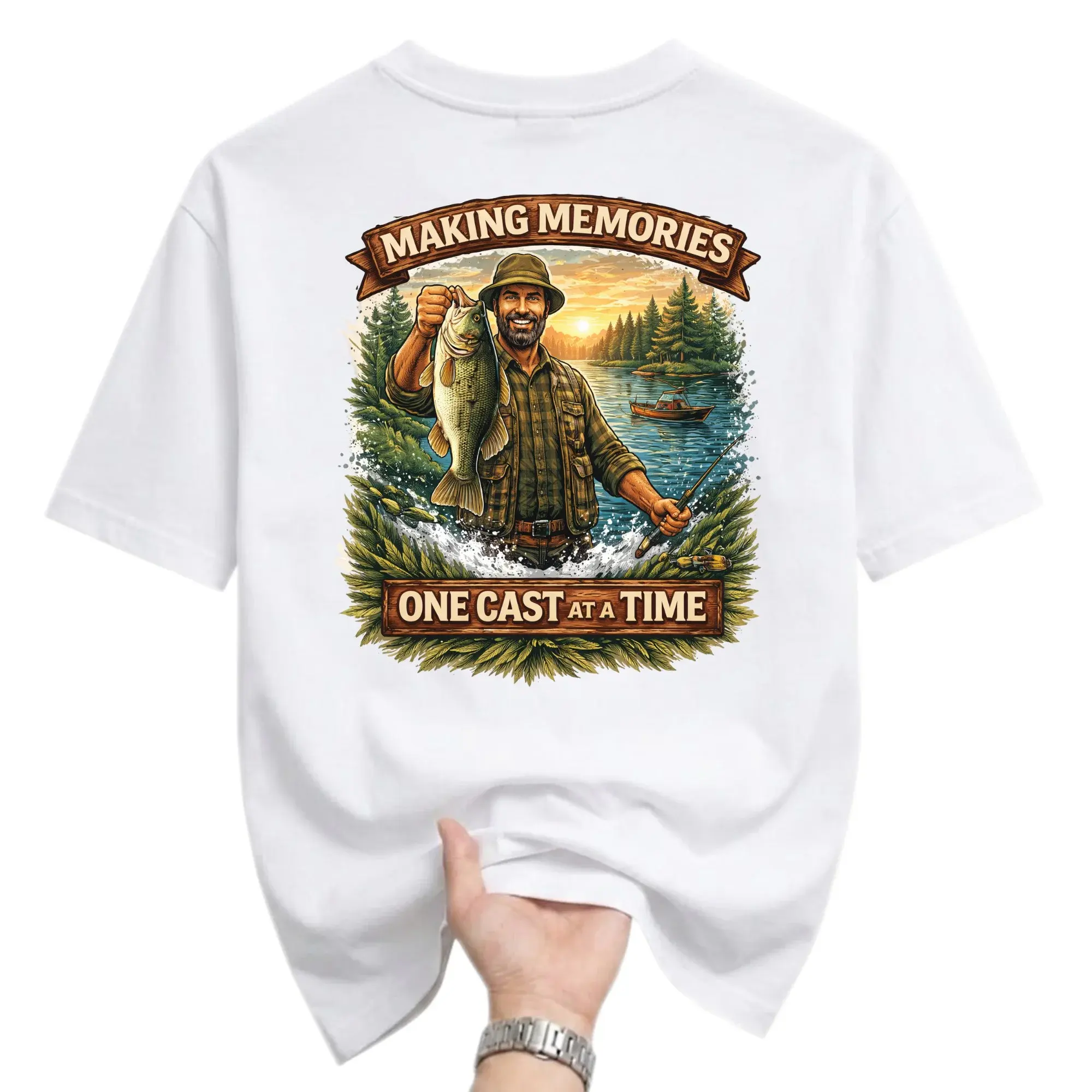 T-shirt Fishing Graphic Tee Making Memories One Cast at a Time Unisex Casual Cotton Crew Neck Short Sleeve Top