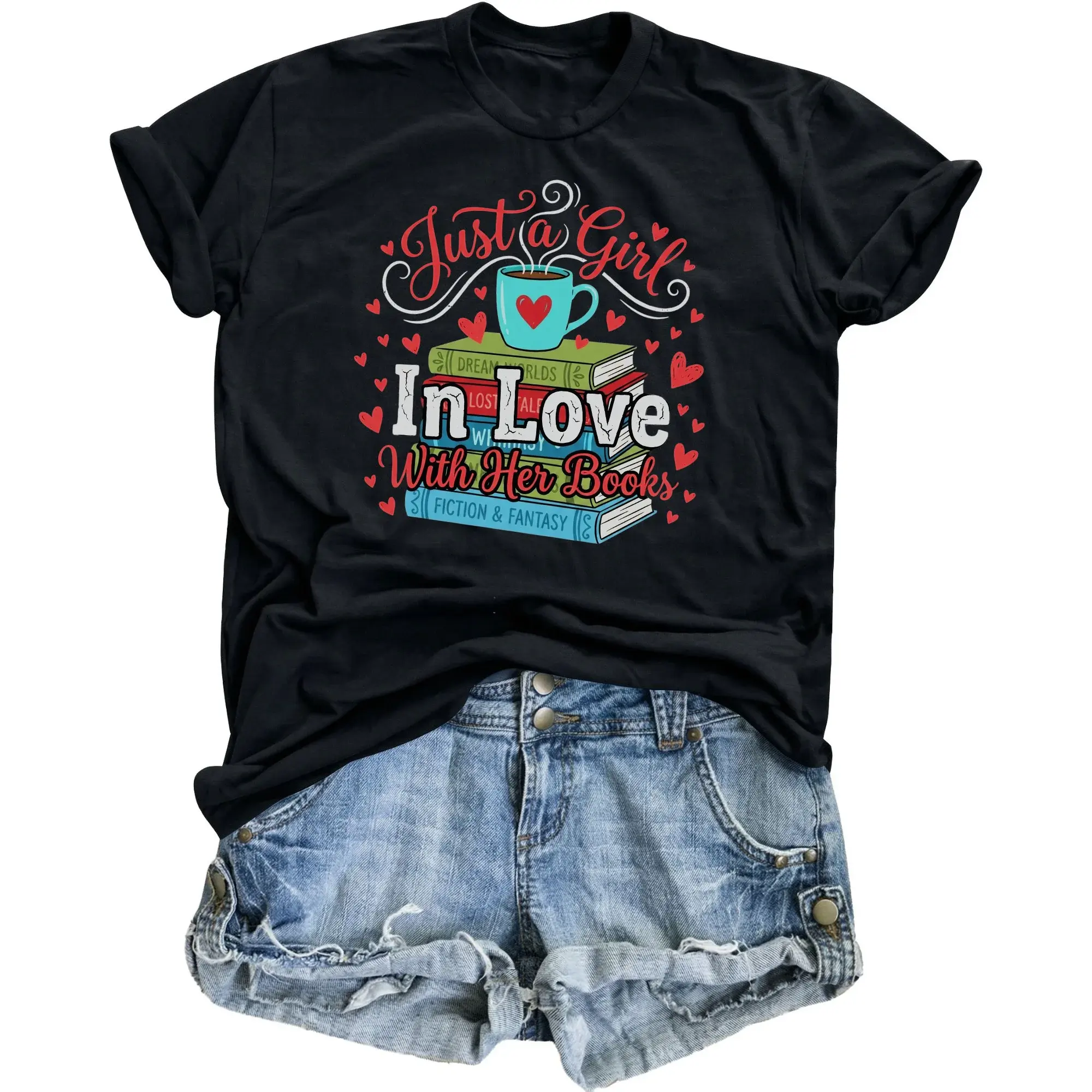 Graphic Tee Just a Girl in Love with Her Books Shirt Casual Literature Reader Lover Reading Enthusiast Cotton Top