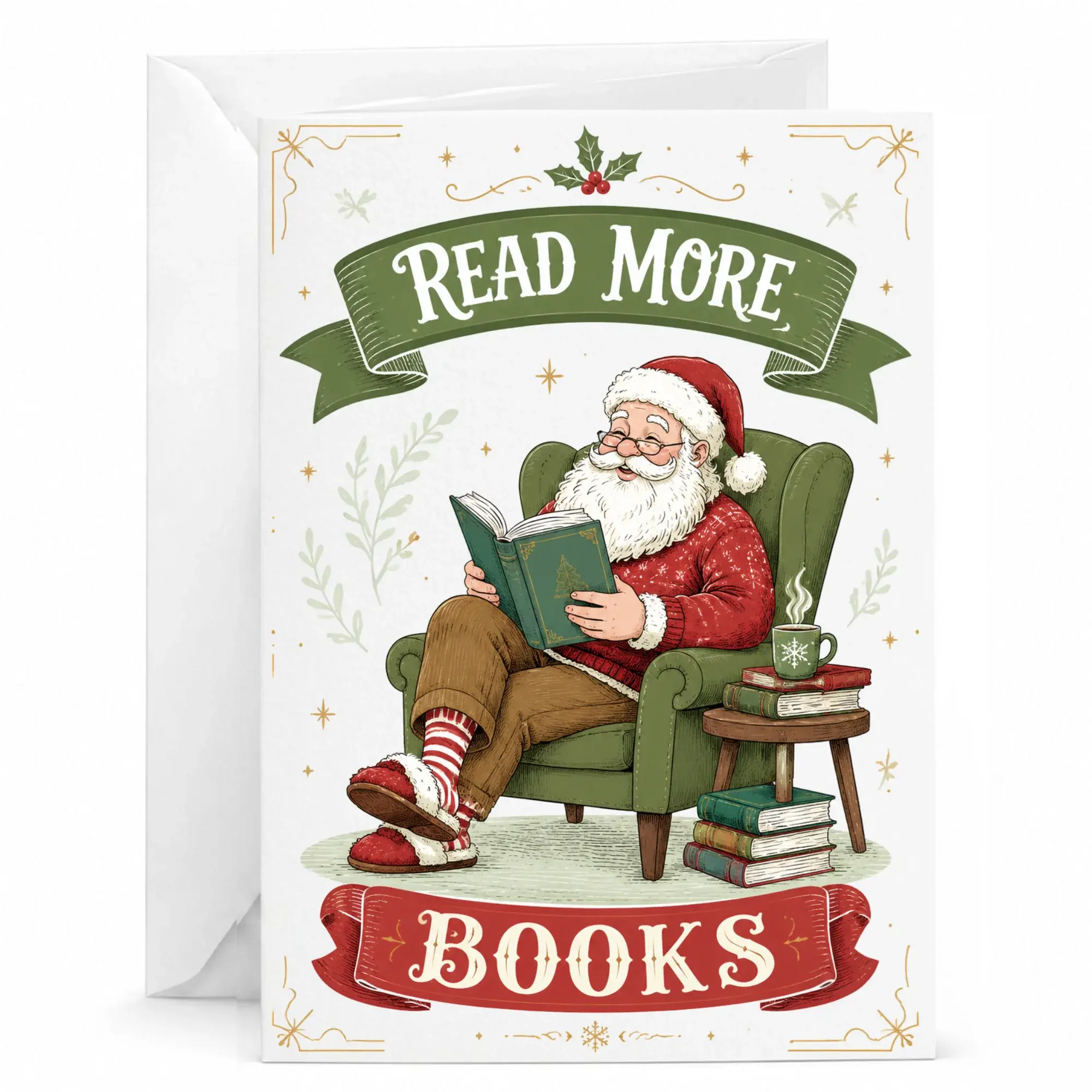 Reading Santa Claus Greeting Card with Envelope for Holiday Season and Book Lovers Birthday and Occasion