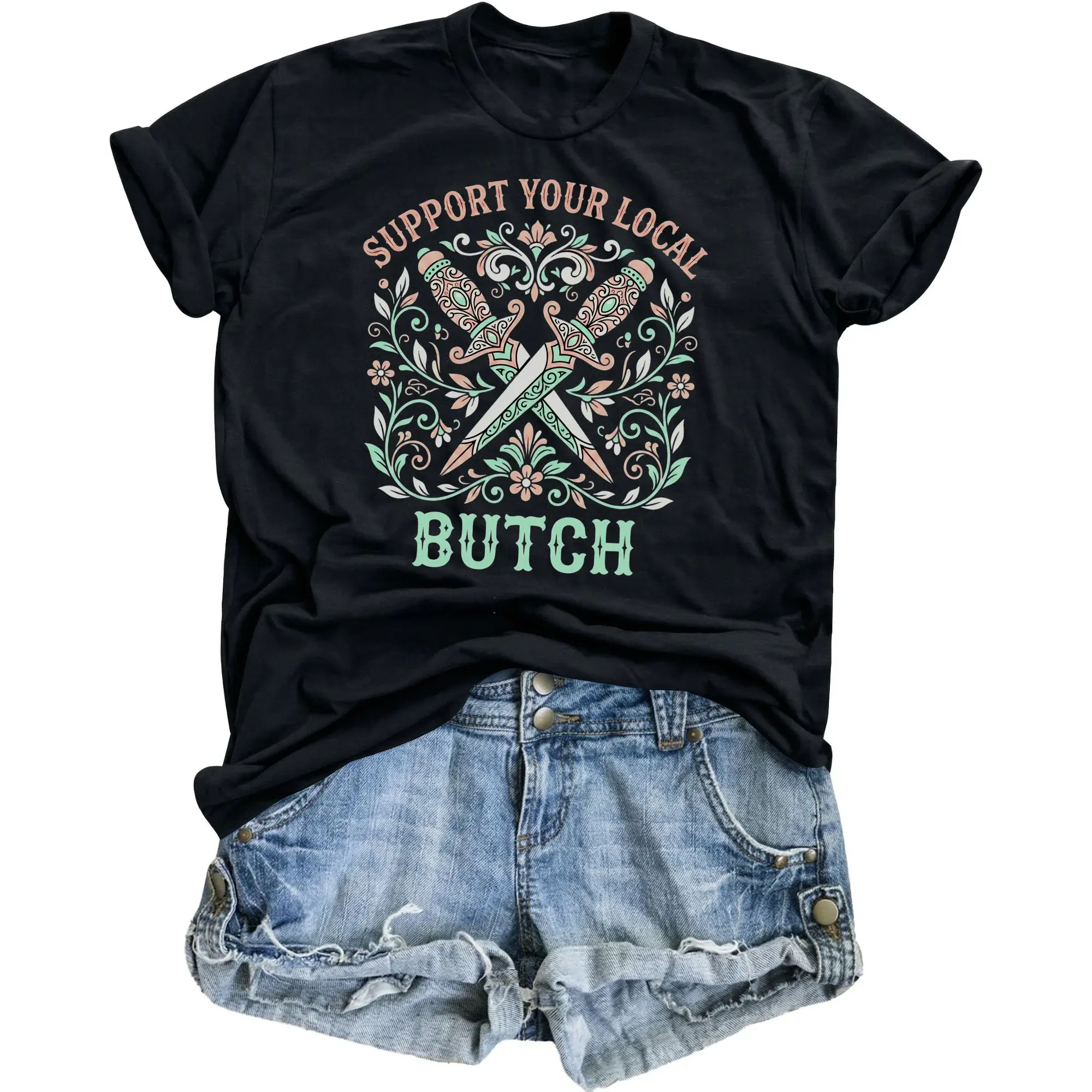 Graphic Tee Support Your Butch Vintage Style Art Unisex Crew Neck Short Sleeve Cotton Casual Shirt