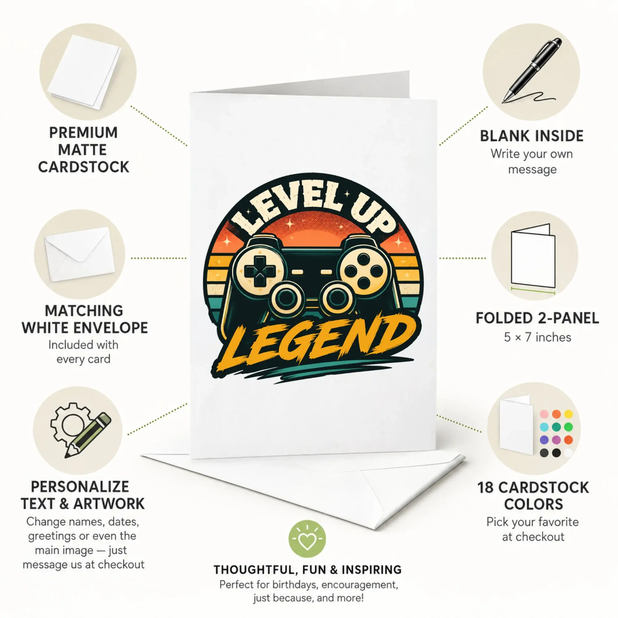 Level up Legend Video Game Greeting Card for Gamers Birthday or Congratulations 5x7 Inches with Matching White Envelope