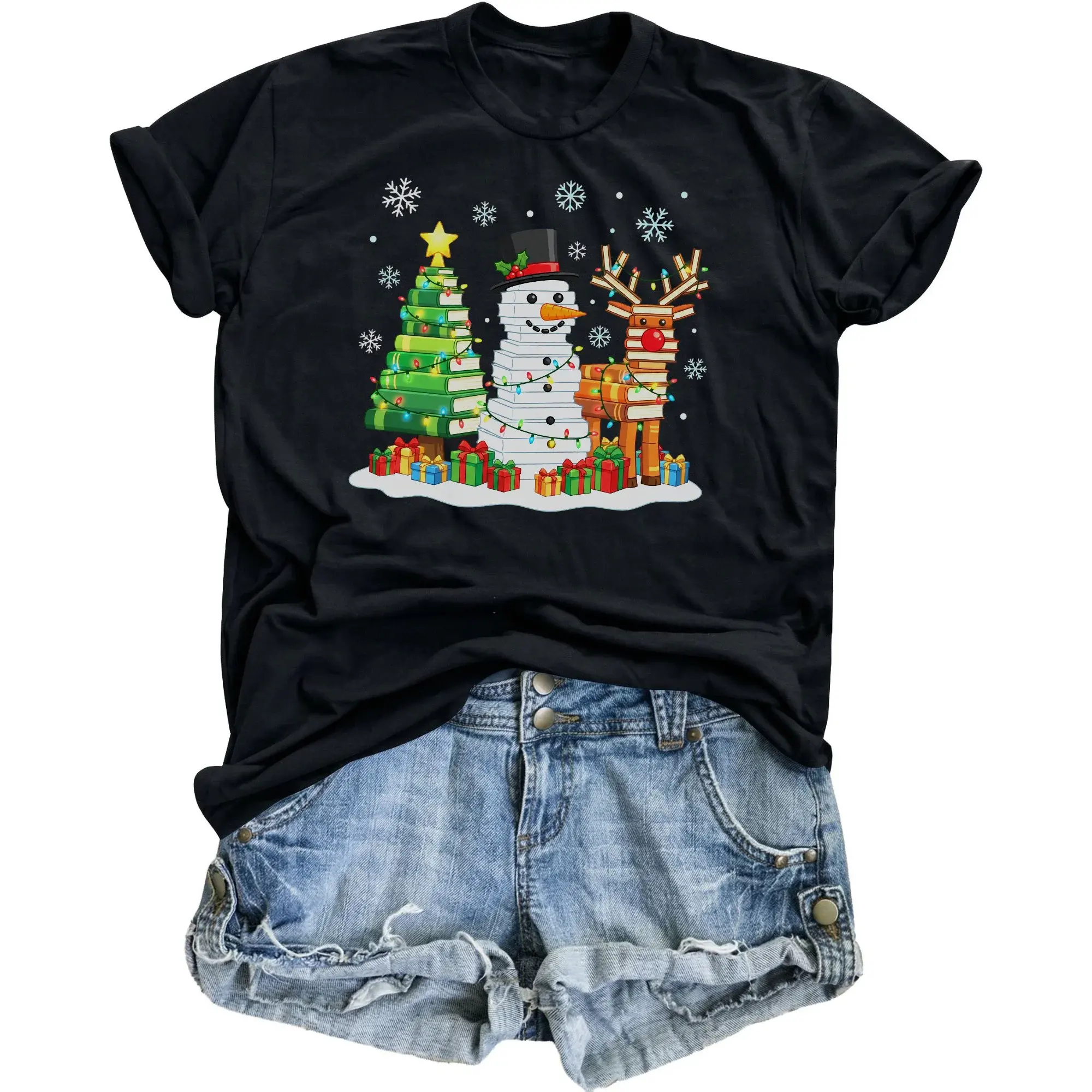 Graphic Tee Unisex Christmas Book Lover Shirt Holiday Library Apparel for Casual Winter Outfits Reading Enthusiast