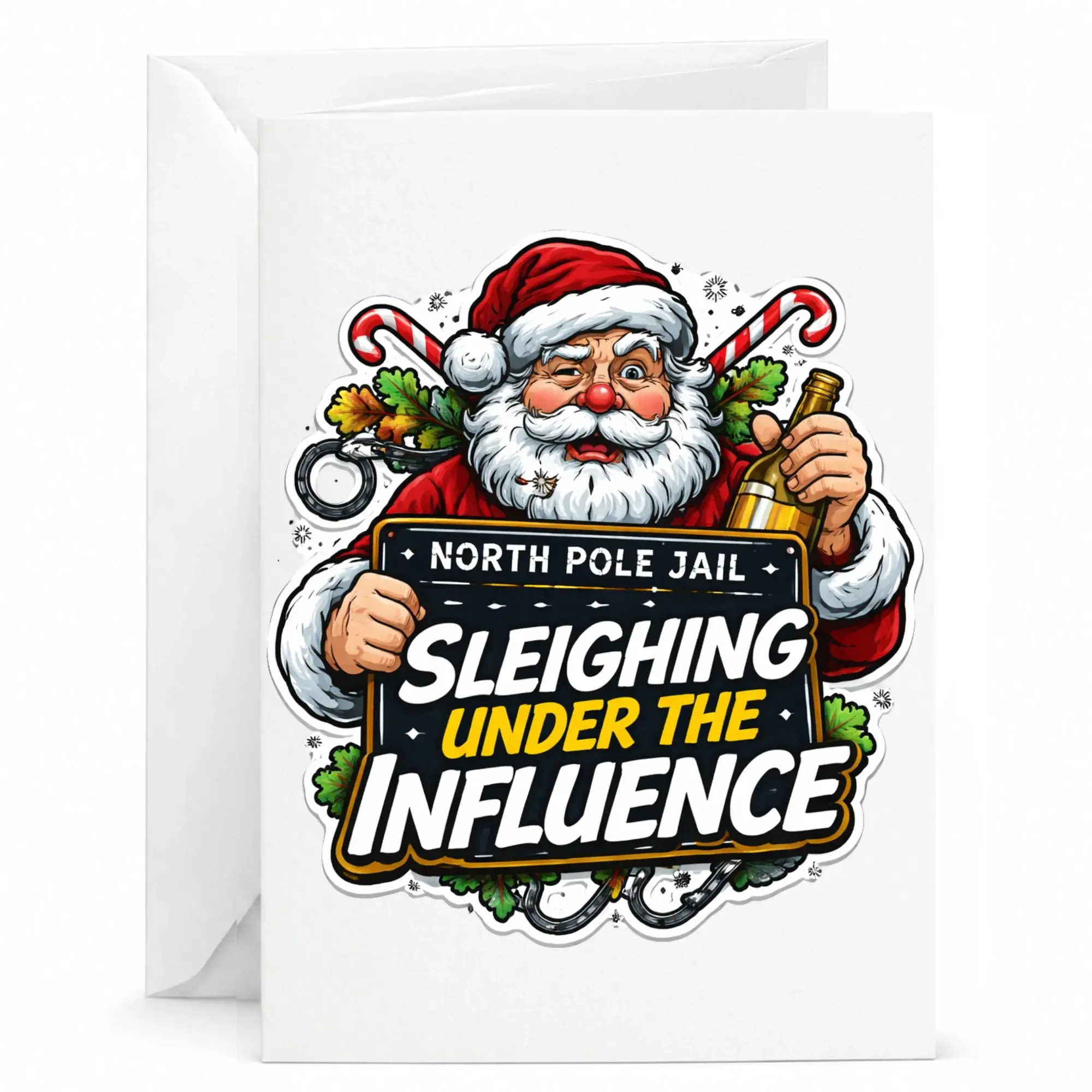 Funny Christmas Greeting Card Sleighing under the Influence Holiday Note Card with Envelope for Seasonal Humor